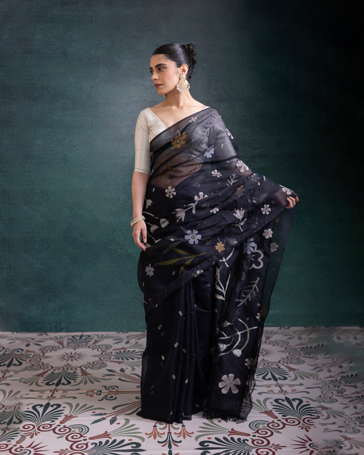 Blue Pure Organza Silk Jamdani Handloom Saree