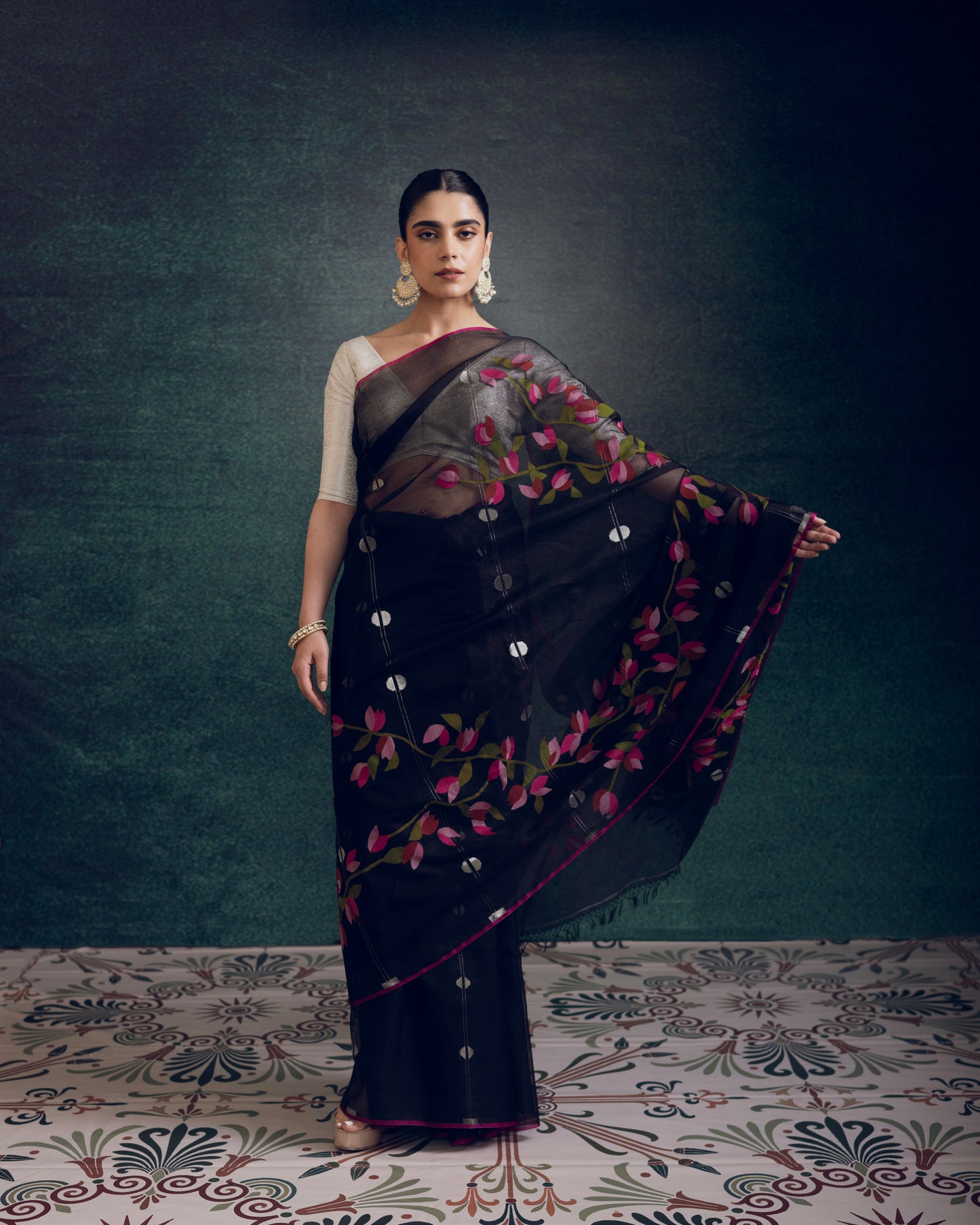 Black Pure Organza Silk Jamdani Handloom Saree