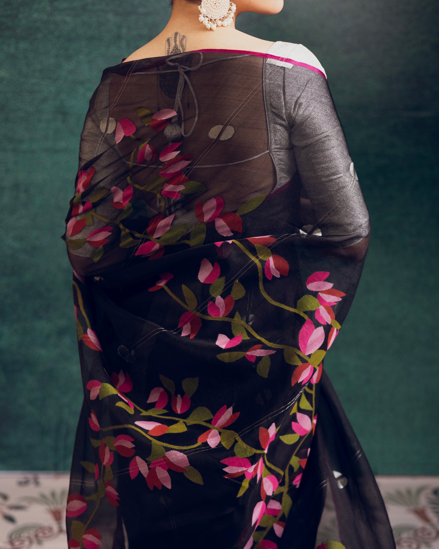 Black Pure Organza Silk Jamdani Handloom Saree