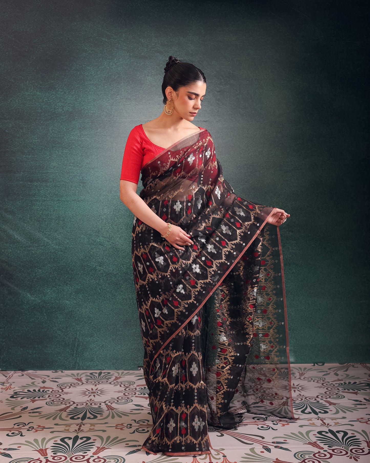 Black Pure Organza Silk Traditional Jamdani saree