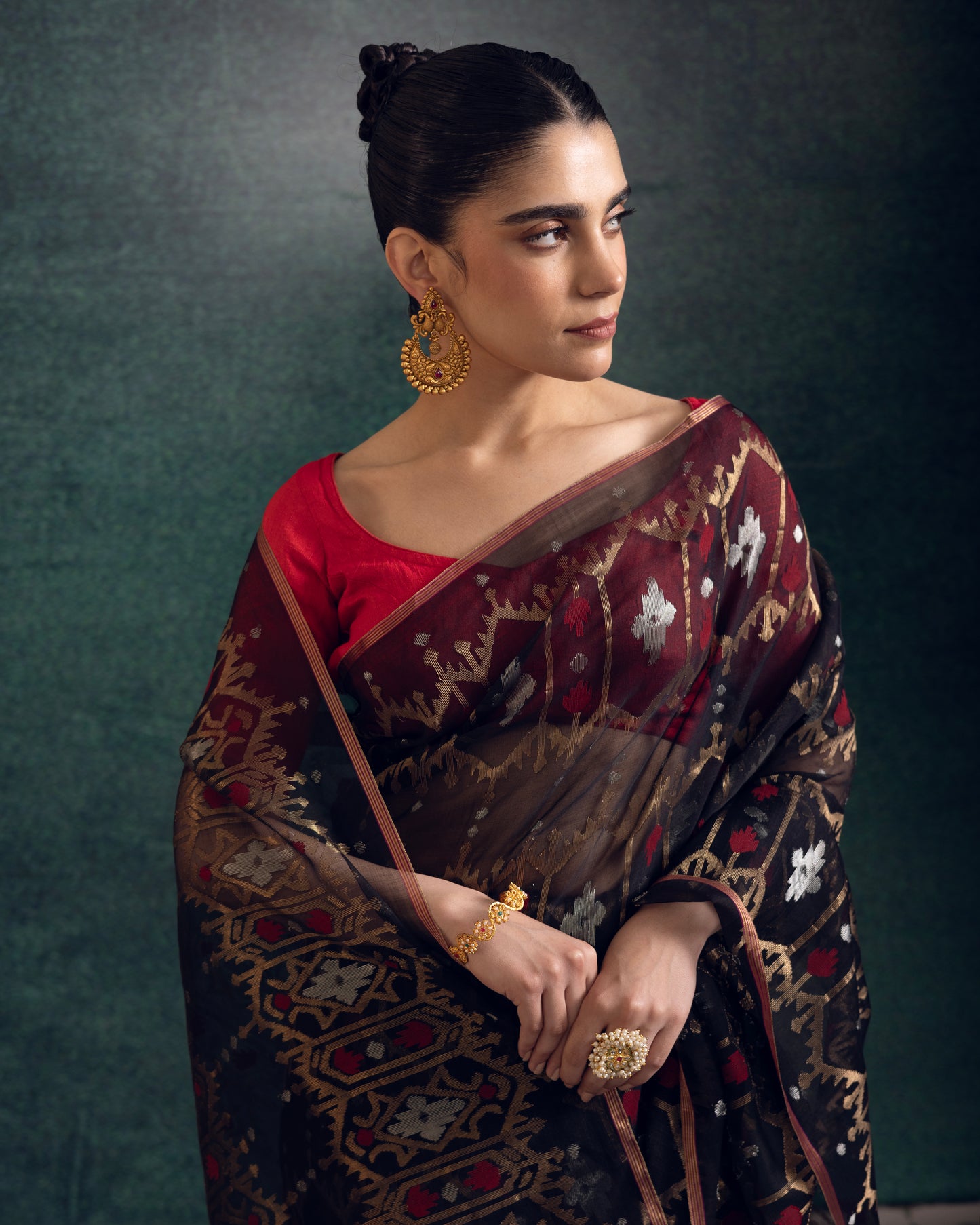 Black Pure Organza Silk Traditional Jamdani saree