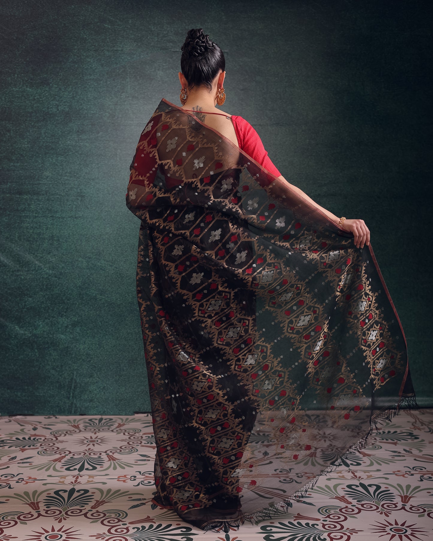 Black Pure Organza Silk Traditional Jamdani saree