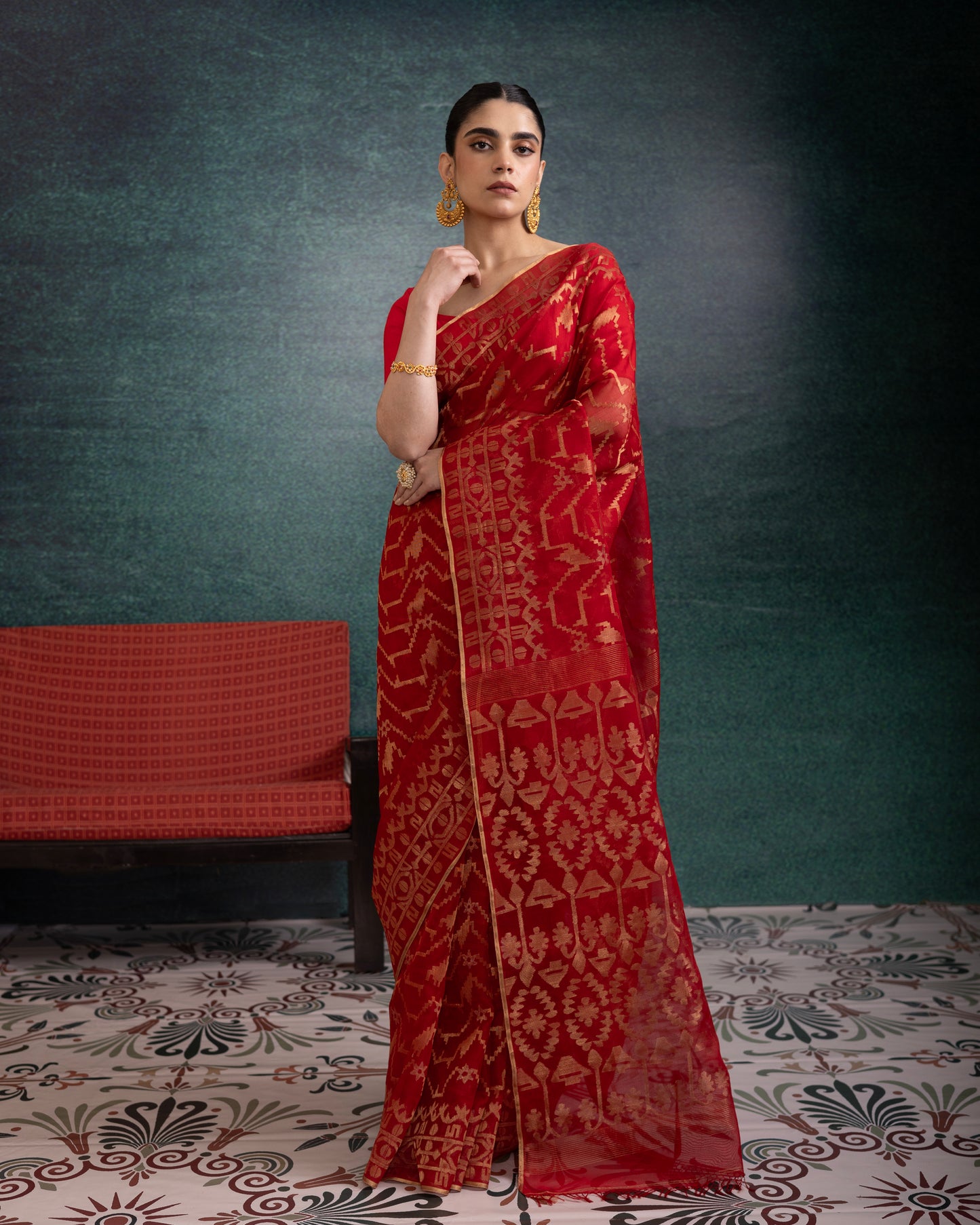 Red Pure Organza Silk Traditional Jamdani Handloom Saree