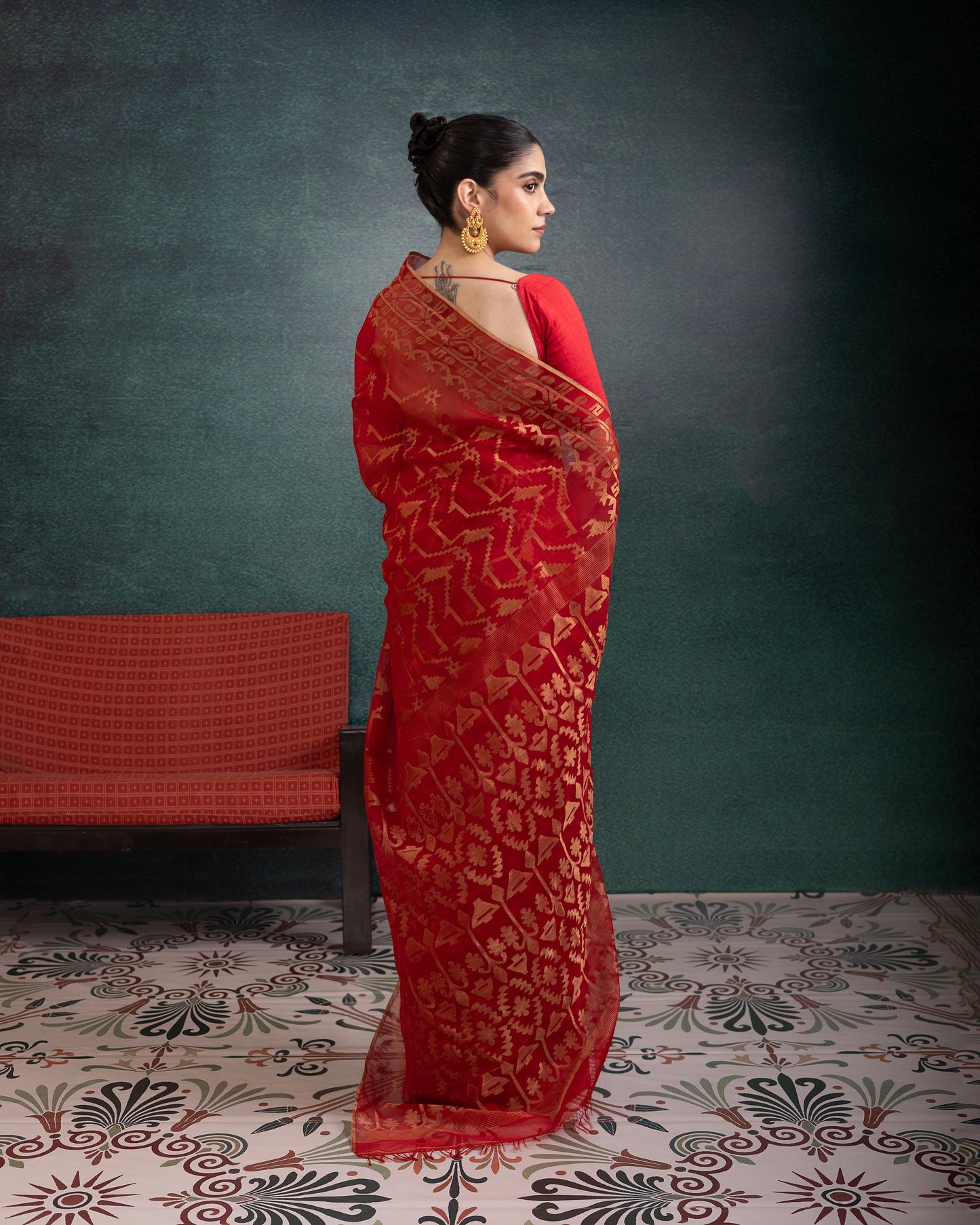 Red Pure Organza Silk Traditional Jamdani Handloom Saree