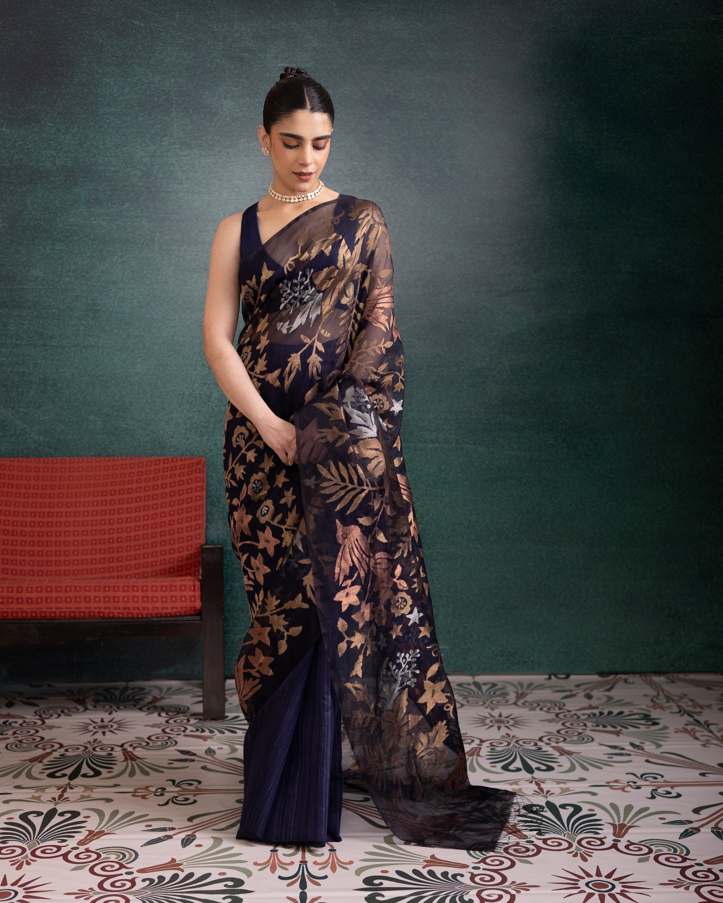 Blue Pure Organza Jamdani Handloom Saree