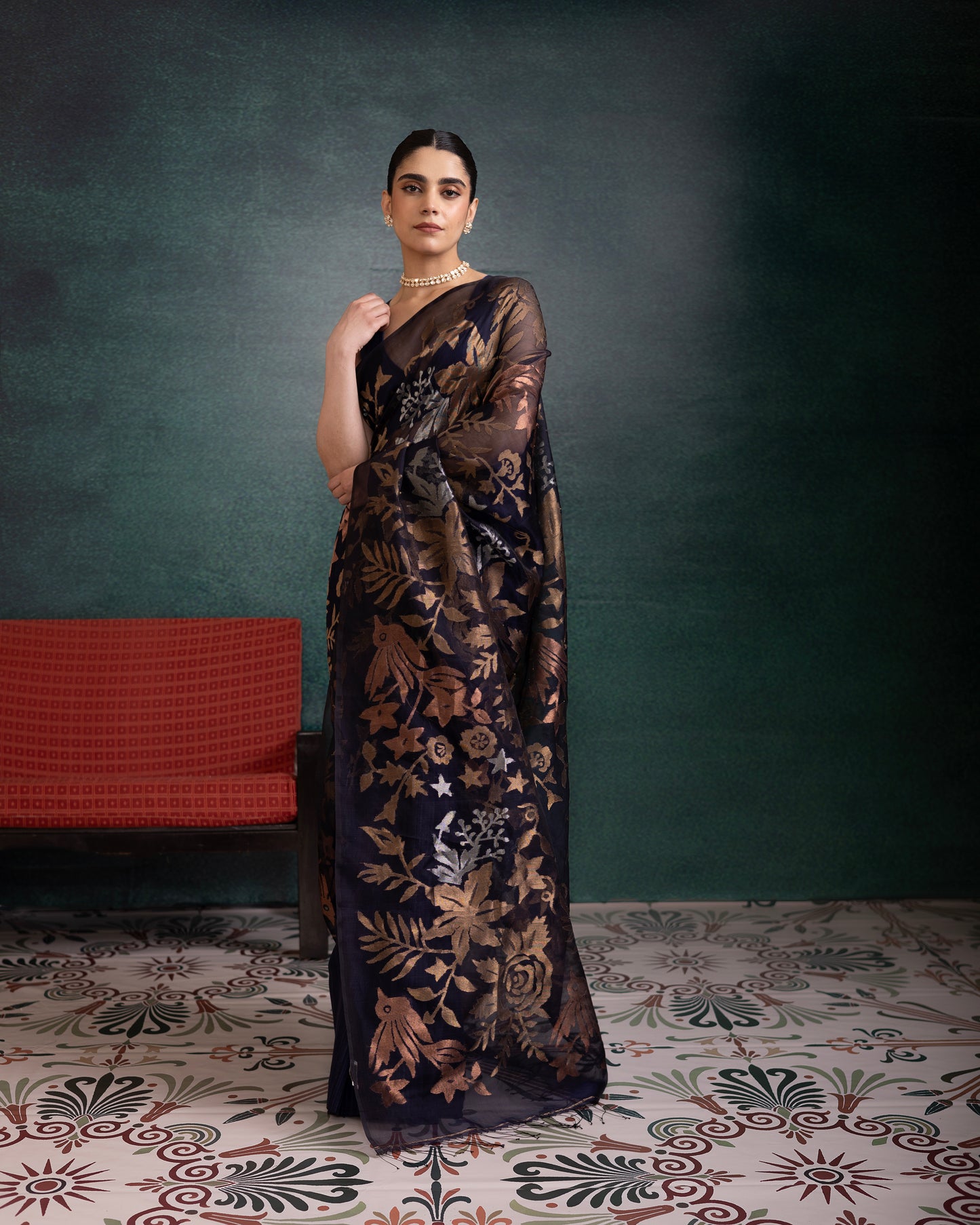 Blue Pure Organza Jamdani Handloom Saree