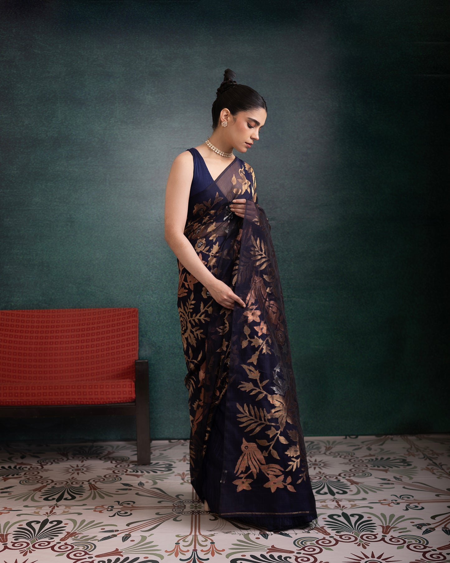 Blue Pure Organza Jamdani Handloom Saree