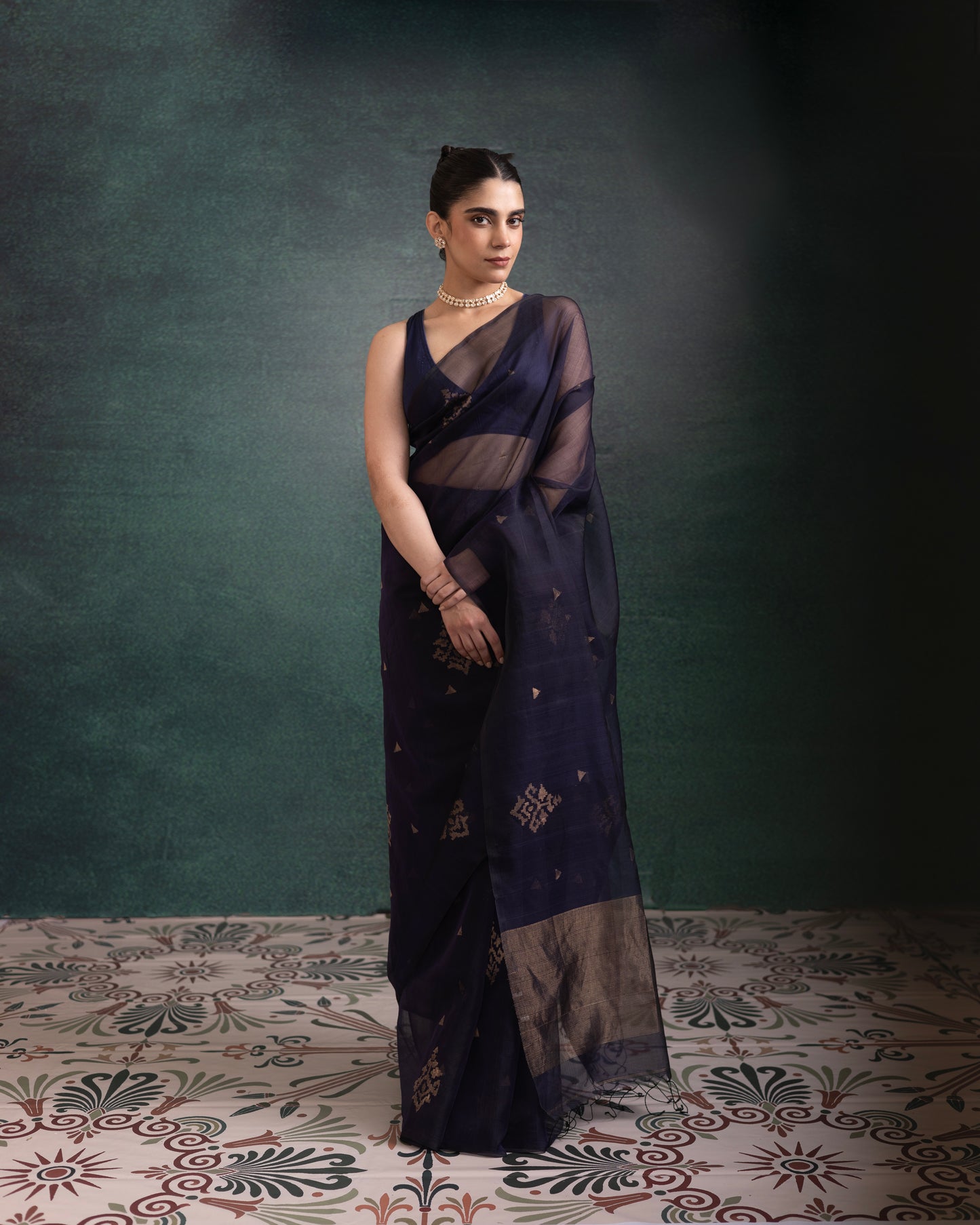 Blue Pure Organza Jamdani Handloom Saree