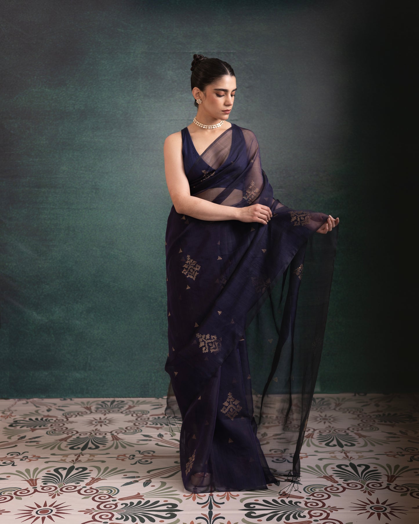 Blue Pure Organza Jamdani Handloom Saree
