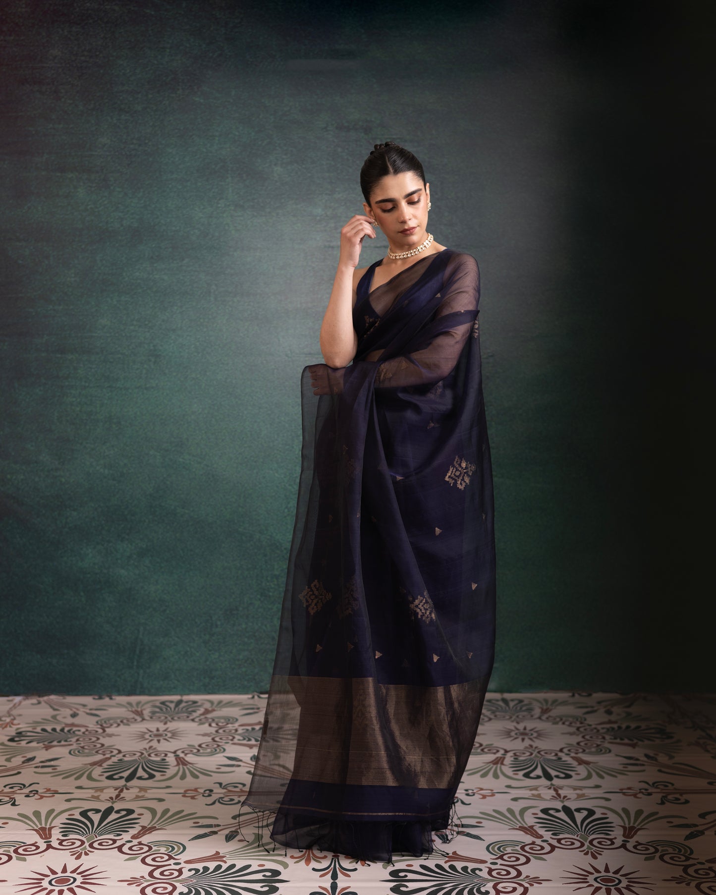 Blue Pure Organza Jamdani Handloom Saree