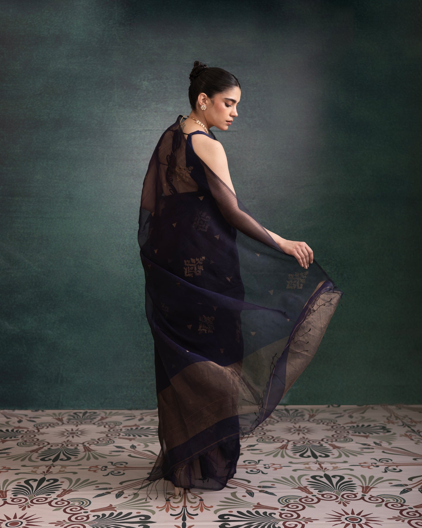 Blue Pure Organza Jamdani Handloom Saree