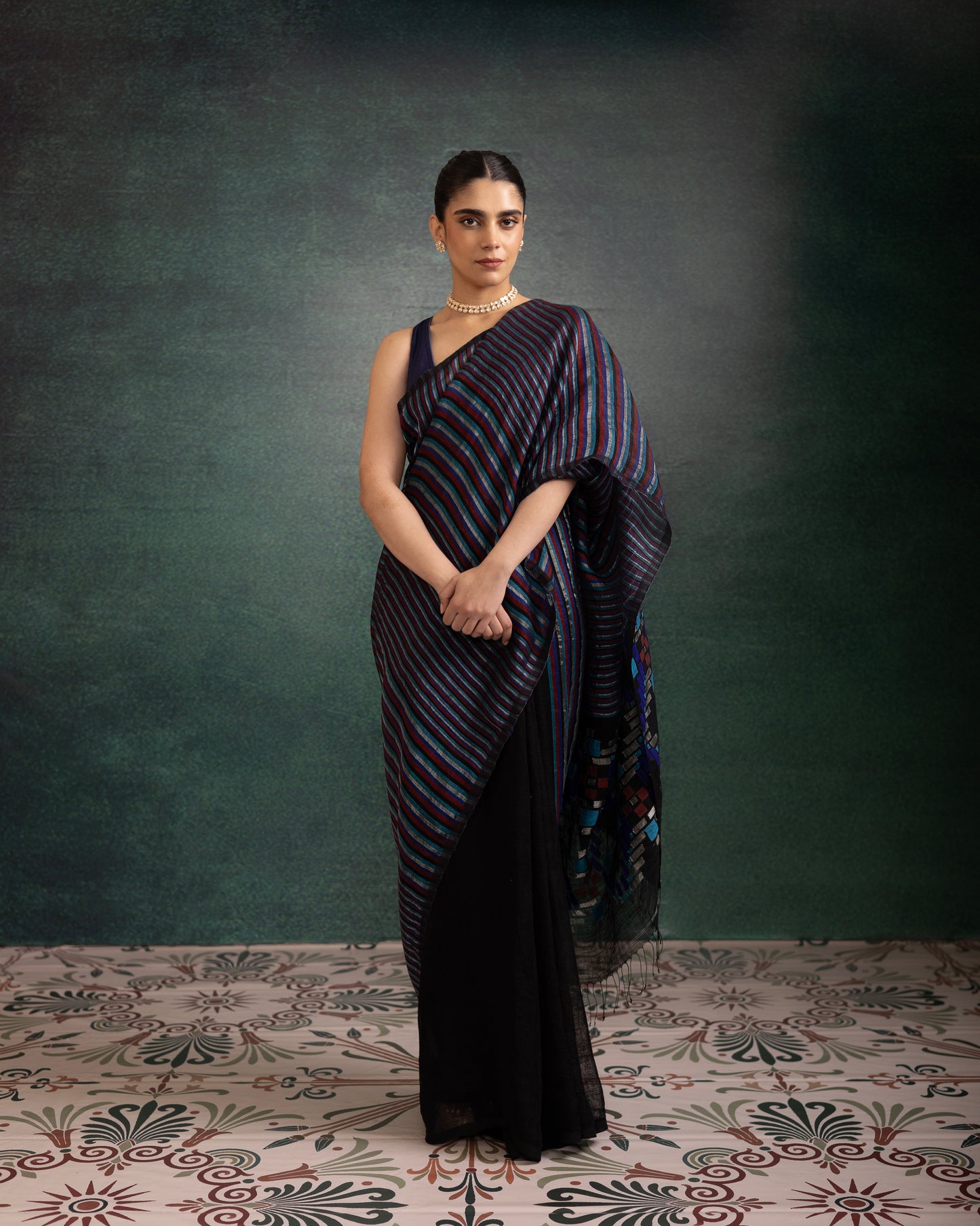 Black Pure Linen Jamdani Handloom Saree