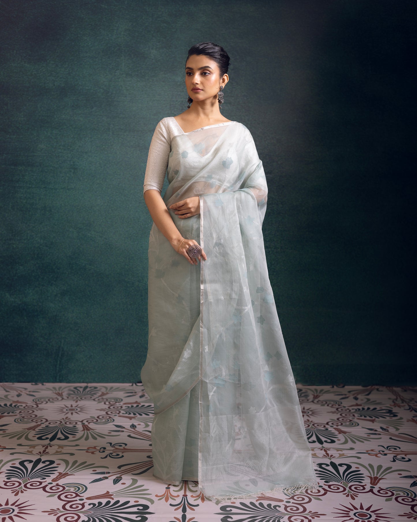 Blue Pure Organza Silk Jamdani Handloom Saree