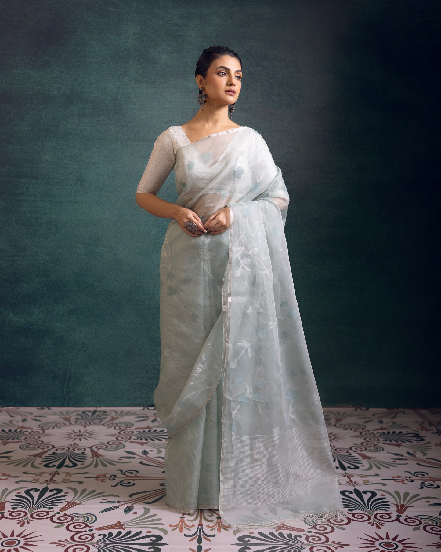Blue Pure Organza Silk Jamdani Handloom Saree