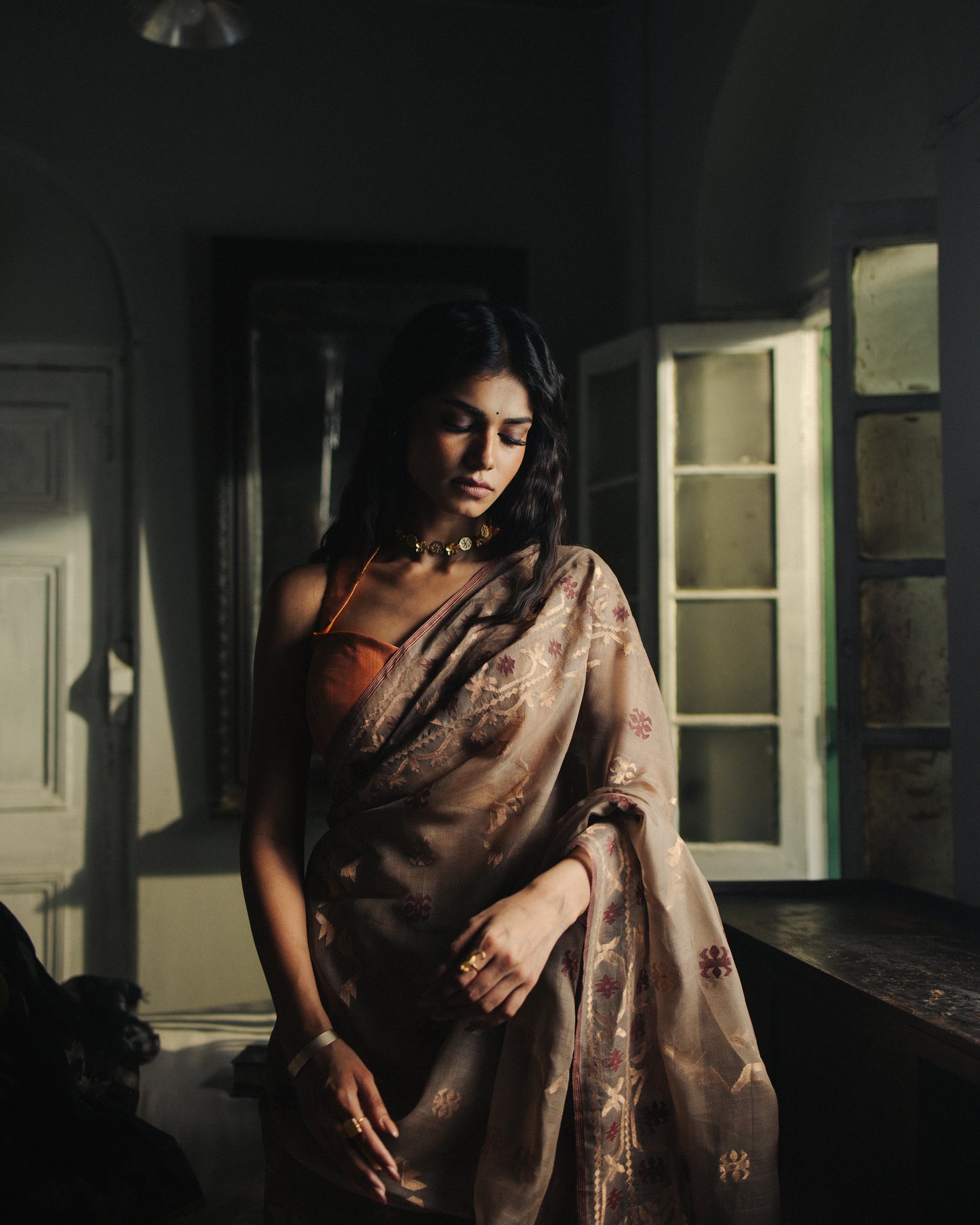 Beige Pure Organza Traditional Jamdani Saree