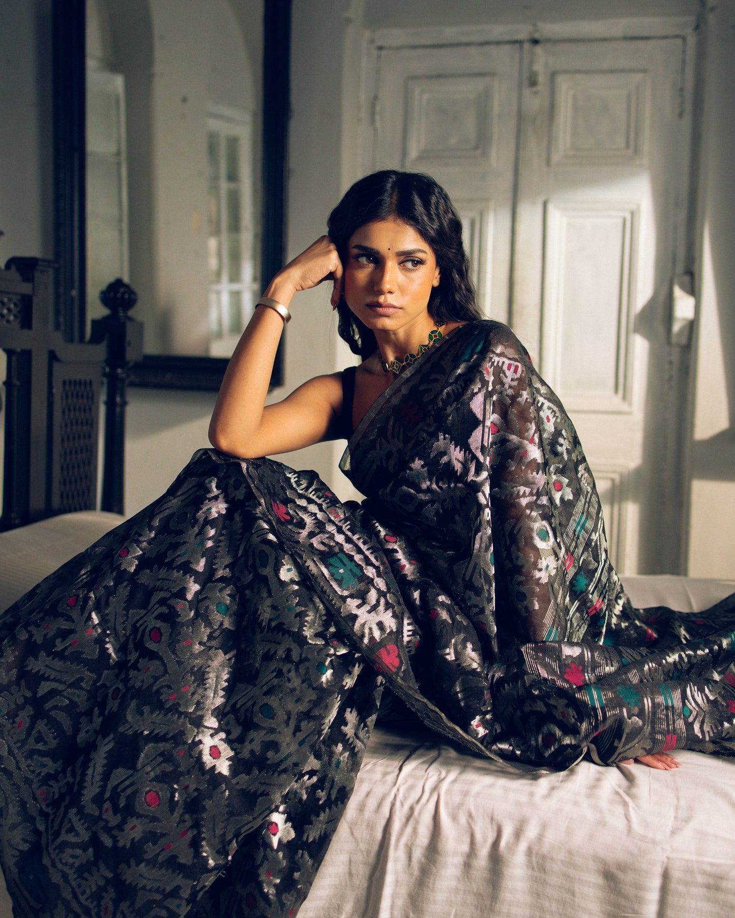 Black Pure Organza Silk Traditional Jamdani Saree