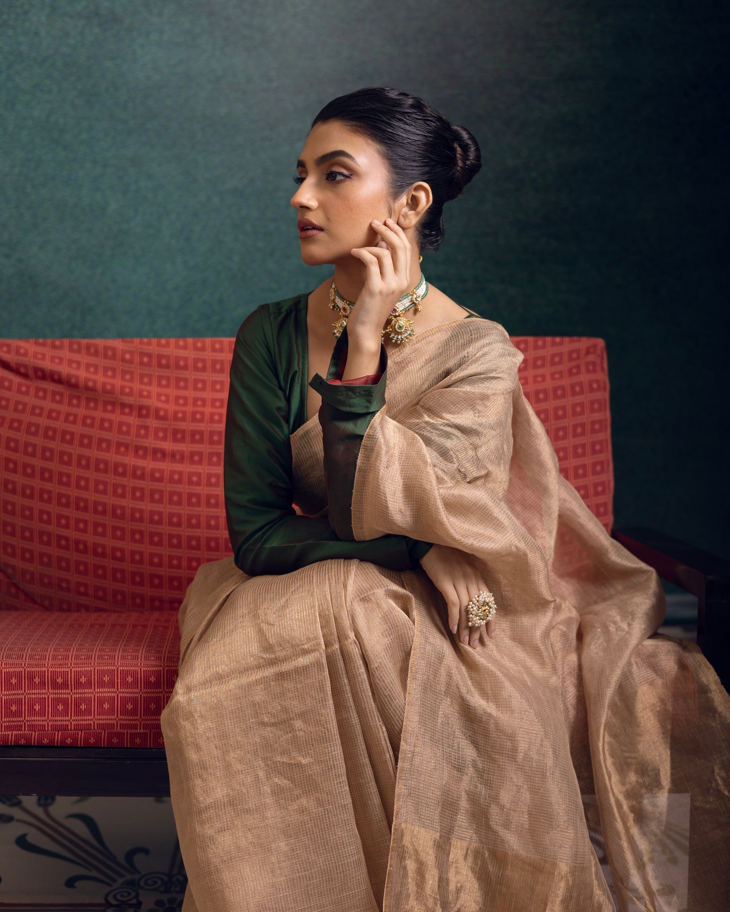 Golden Pure Linen Tissue Handloom Saree