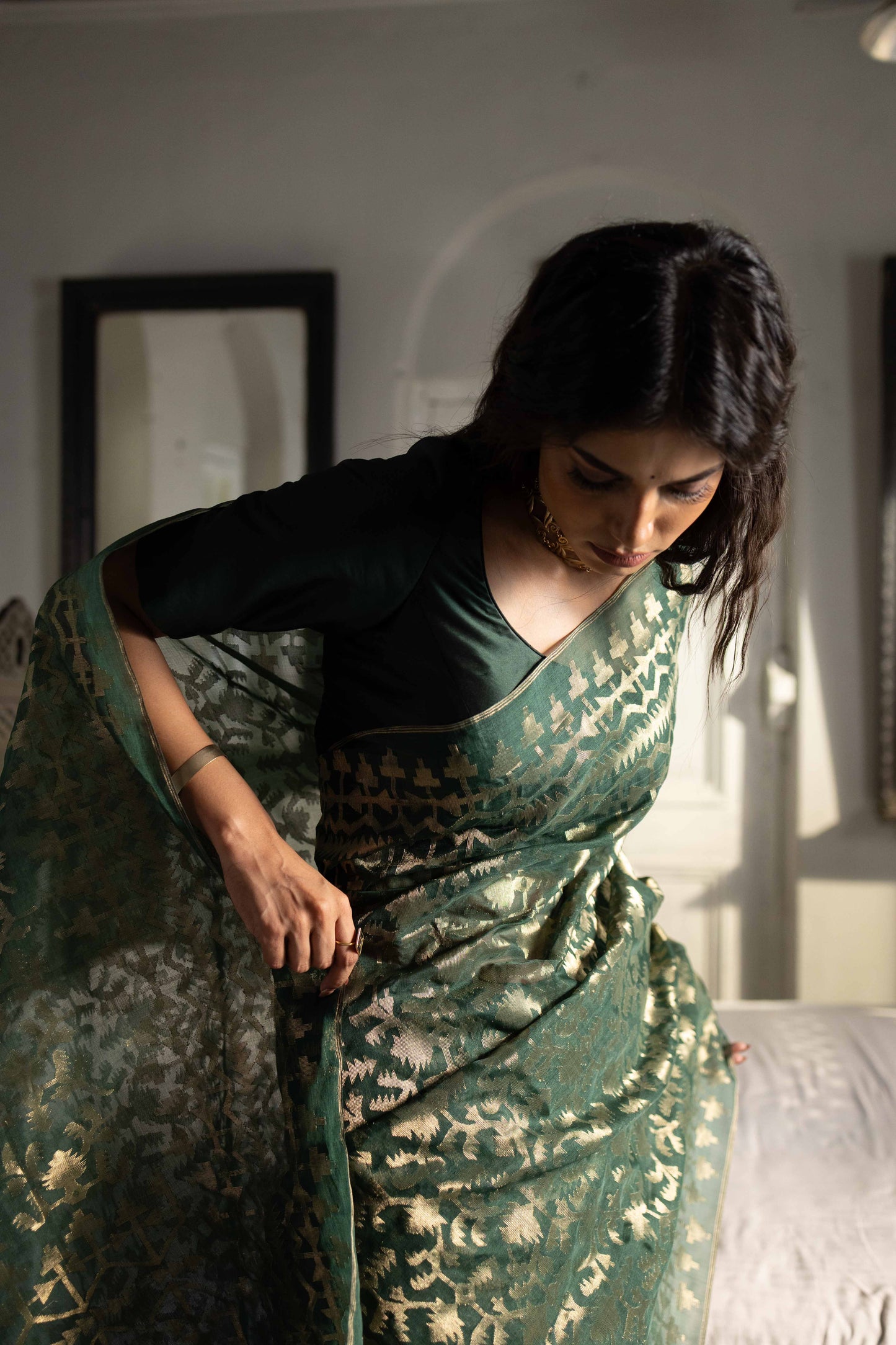 Green Pure Organza Silk Traditional Jamdani Saree
