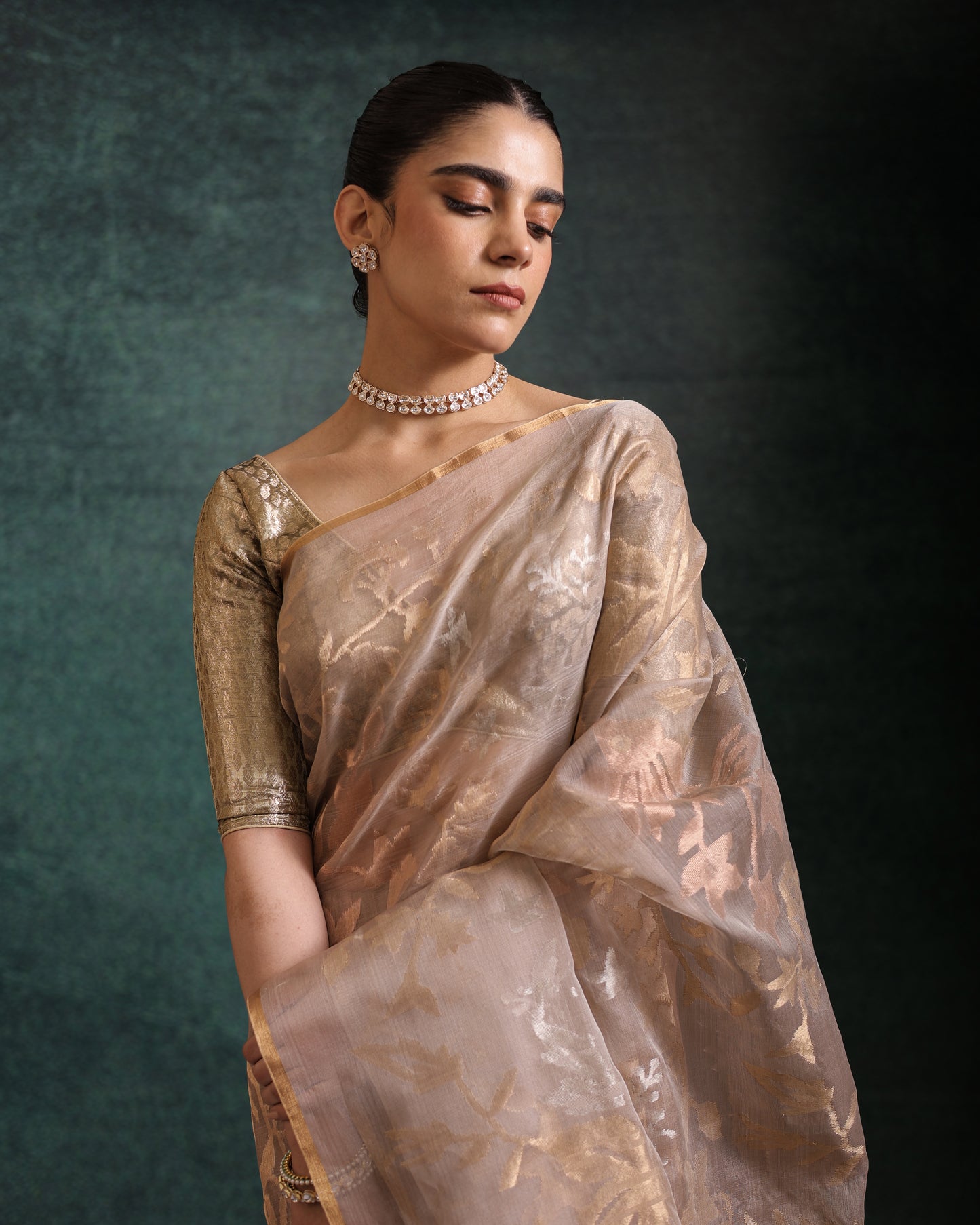 Brown Pure Organza Silk Jamdani Handloom Saree