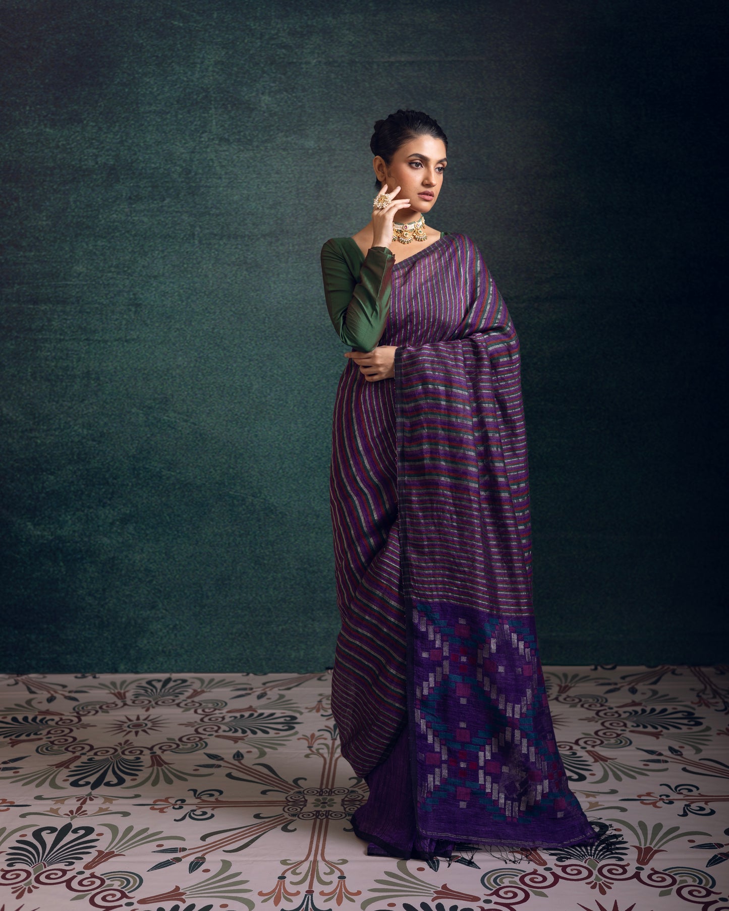 Purple Pure Linen Jamdani Handloom Saree