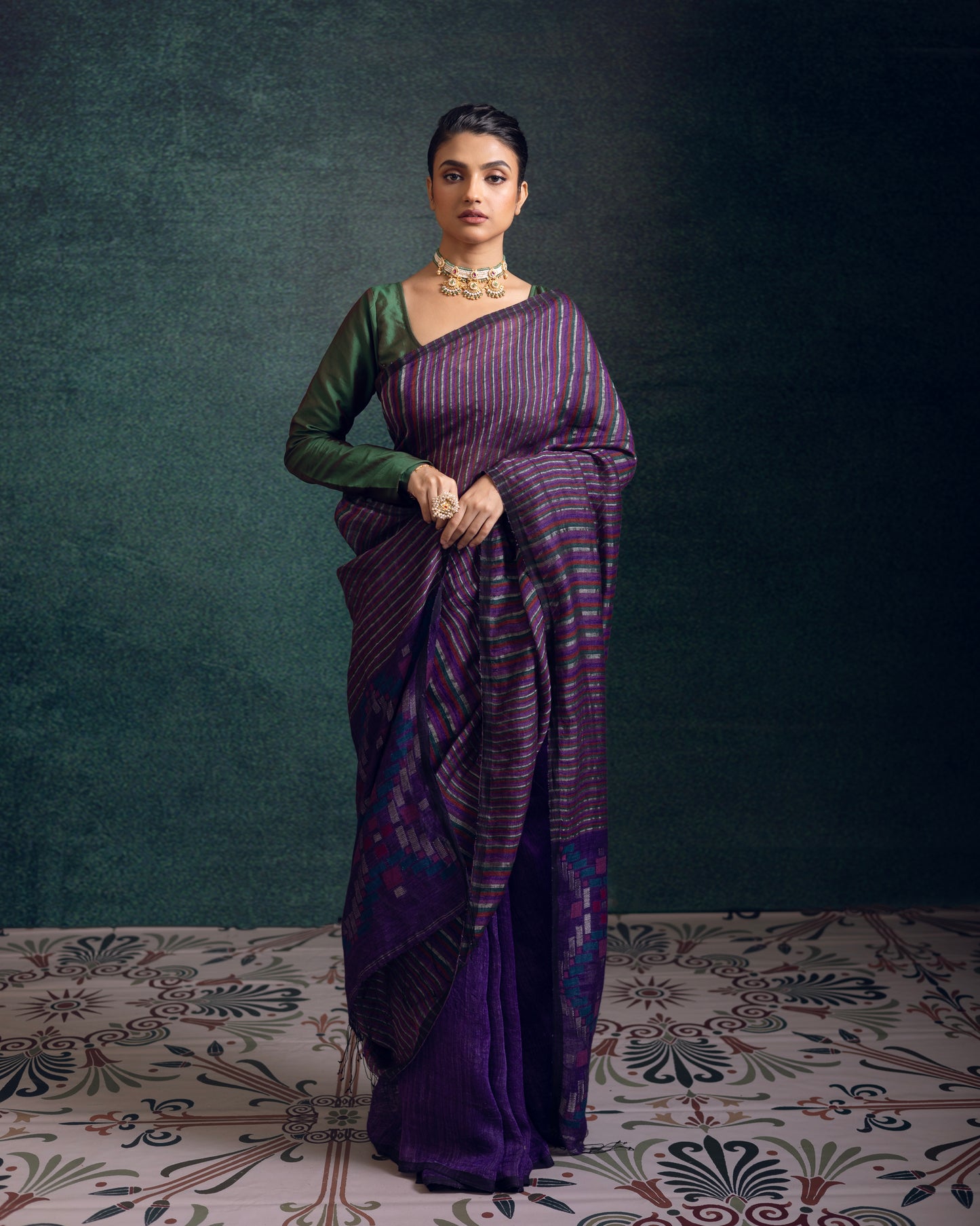 Purple Pure Linen Jamdani Handloom Saree
