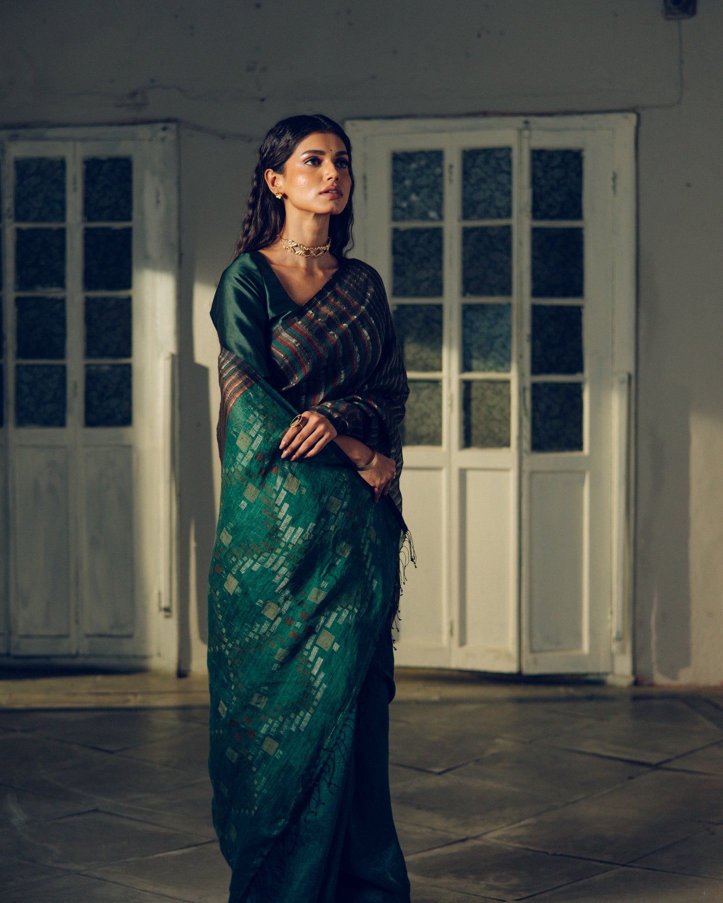 Teal Green Pure Linen Jamdani Handloom Saree