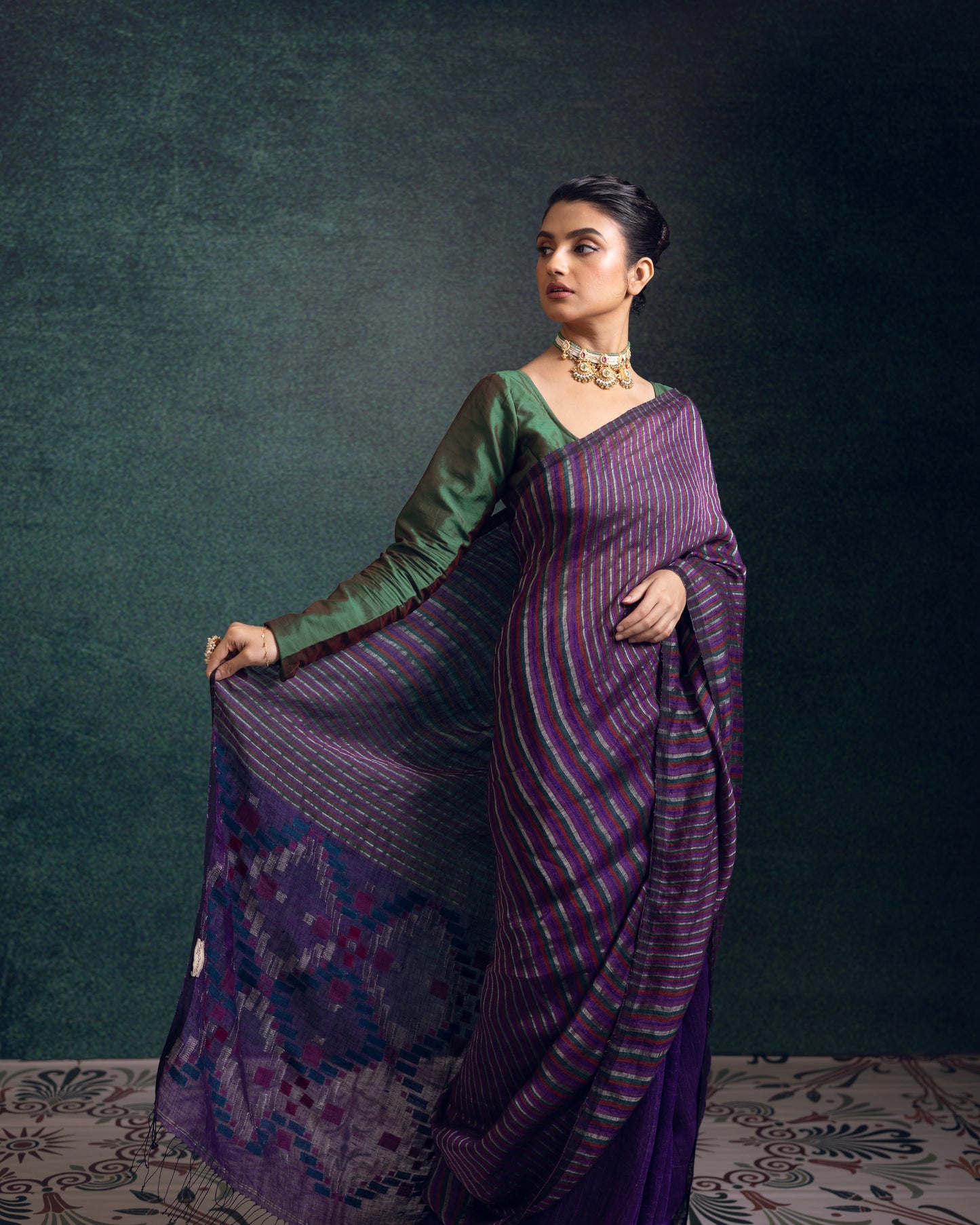 Purple Pure Linen Jamdani Handloom Saree