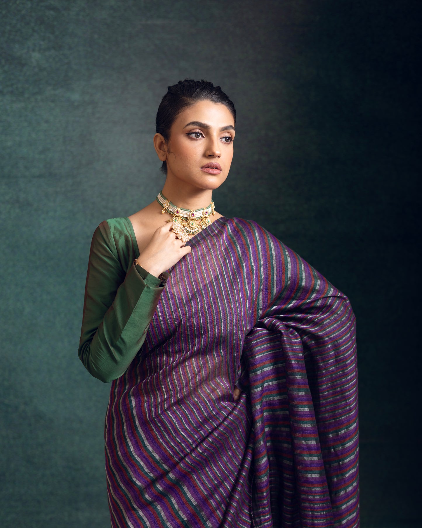 Purple Pure Linen Jamdani Handloom Saree