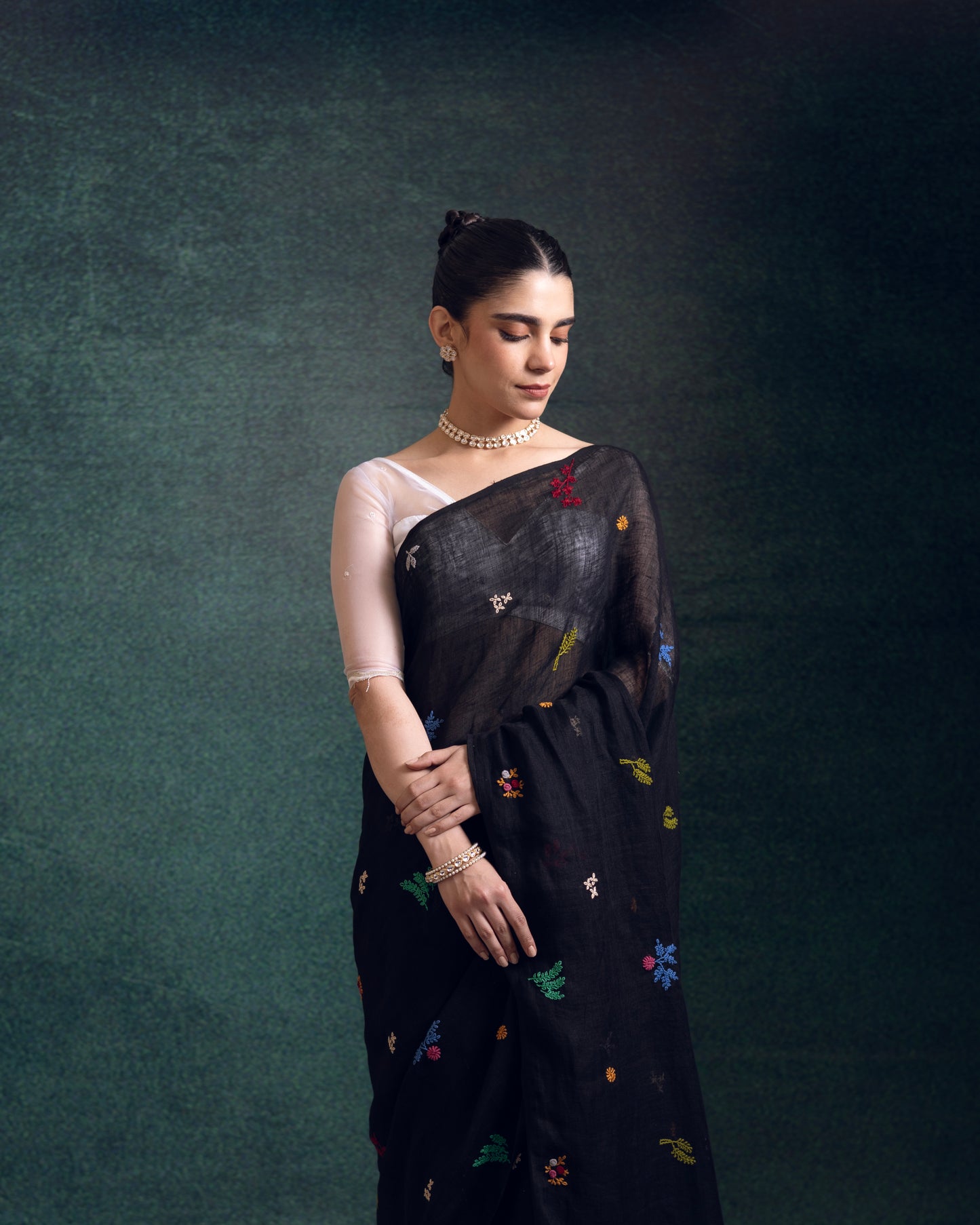 Black Pure Linen Embroidery Handloom Saree