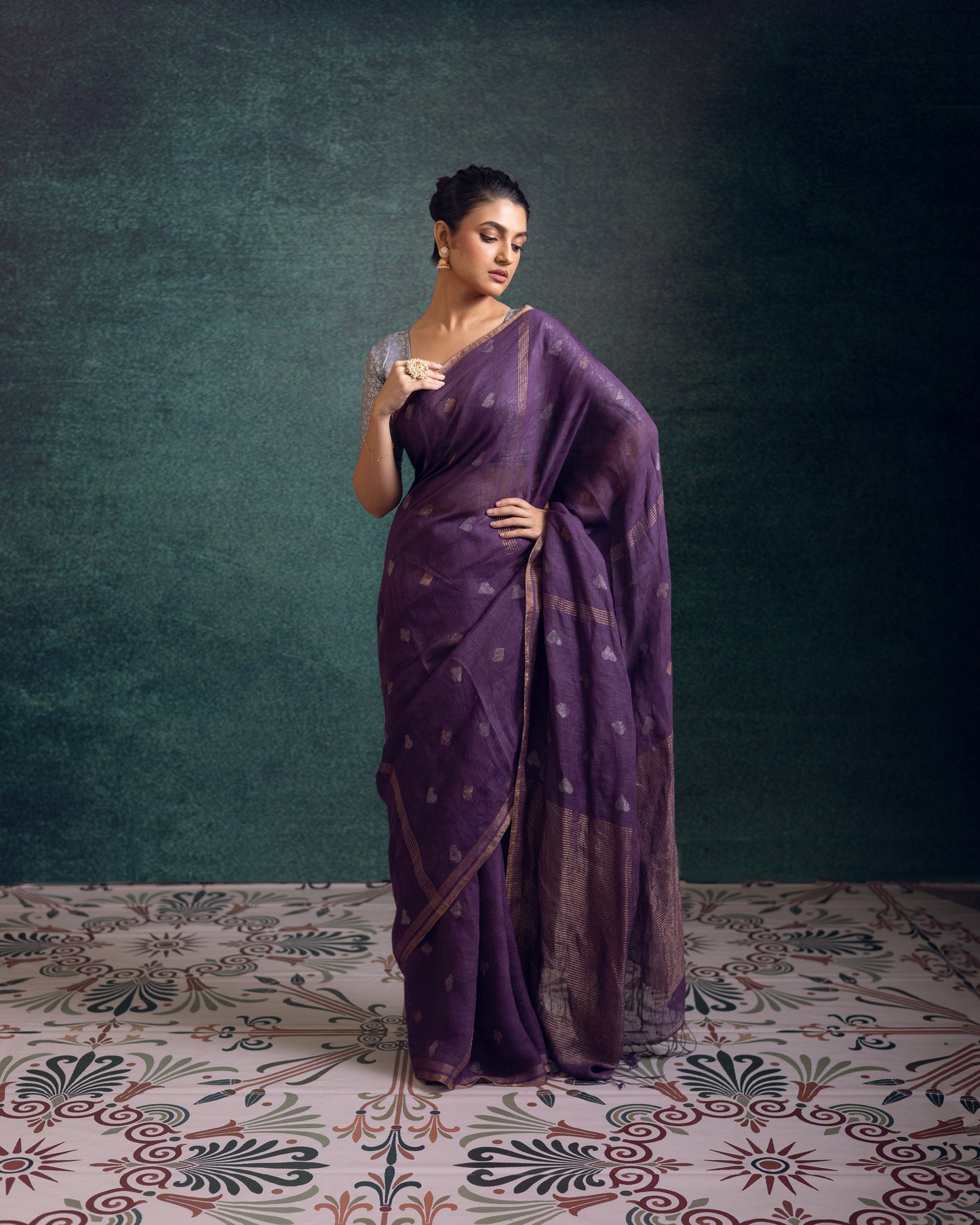 Purple Pure Linen Jamdani Handloom Saree