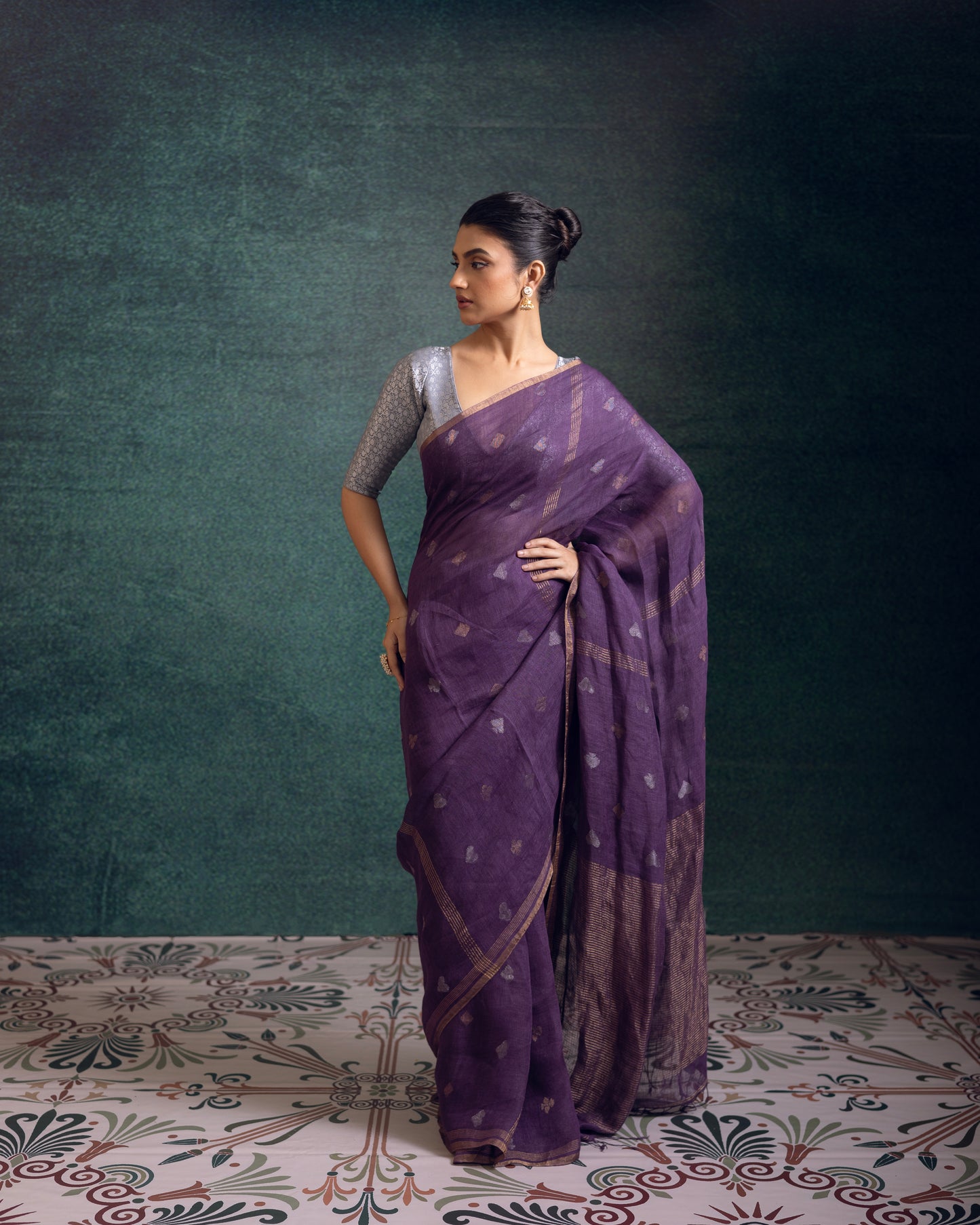 Purple Pure Linen Jamdani Handloom Saree