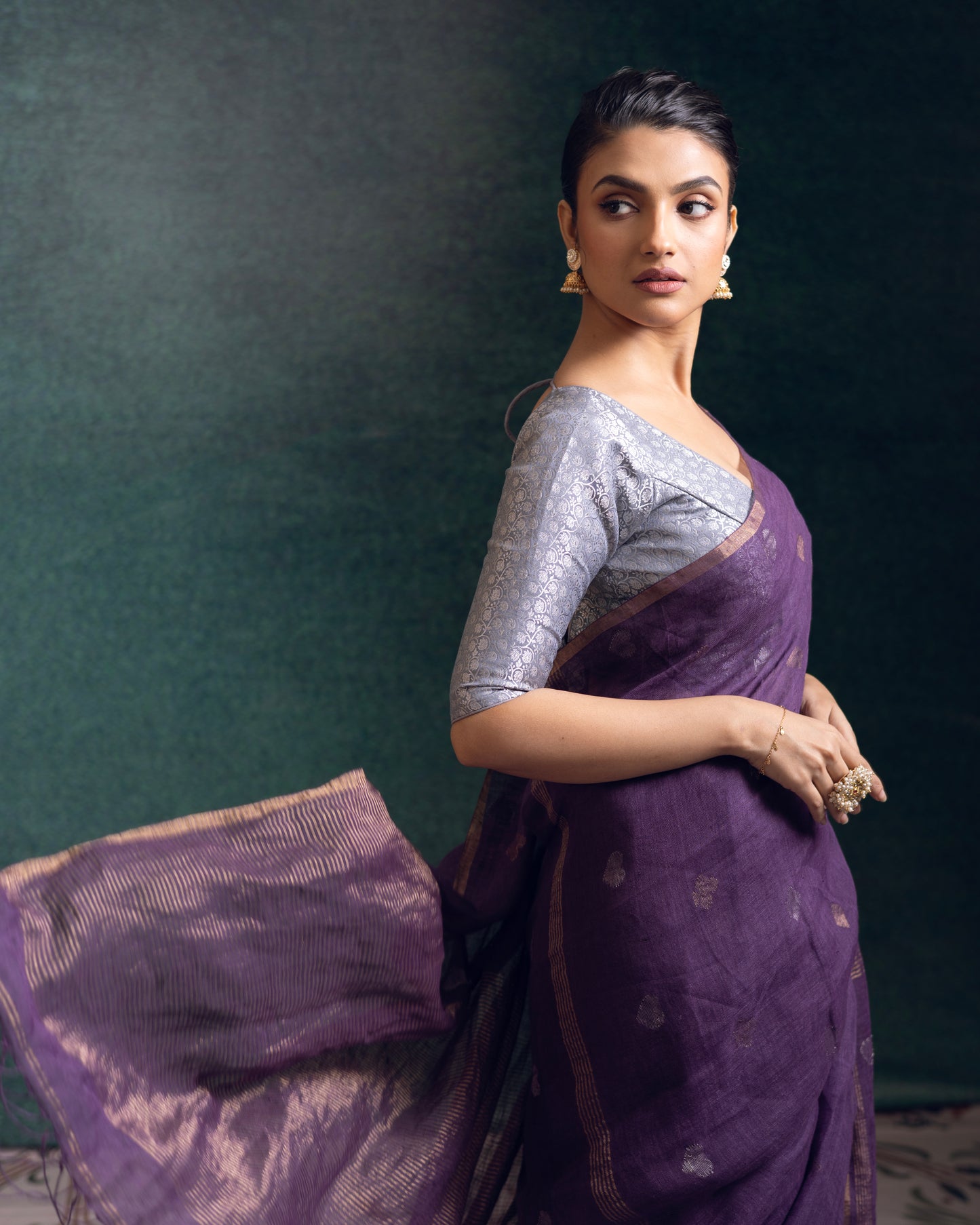 Purple Pure Linen Jamdani Handloom Saree