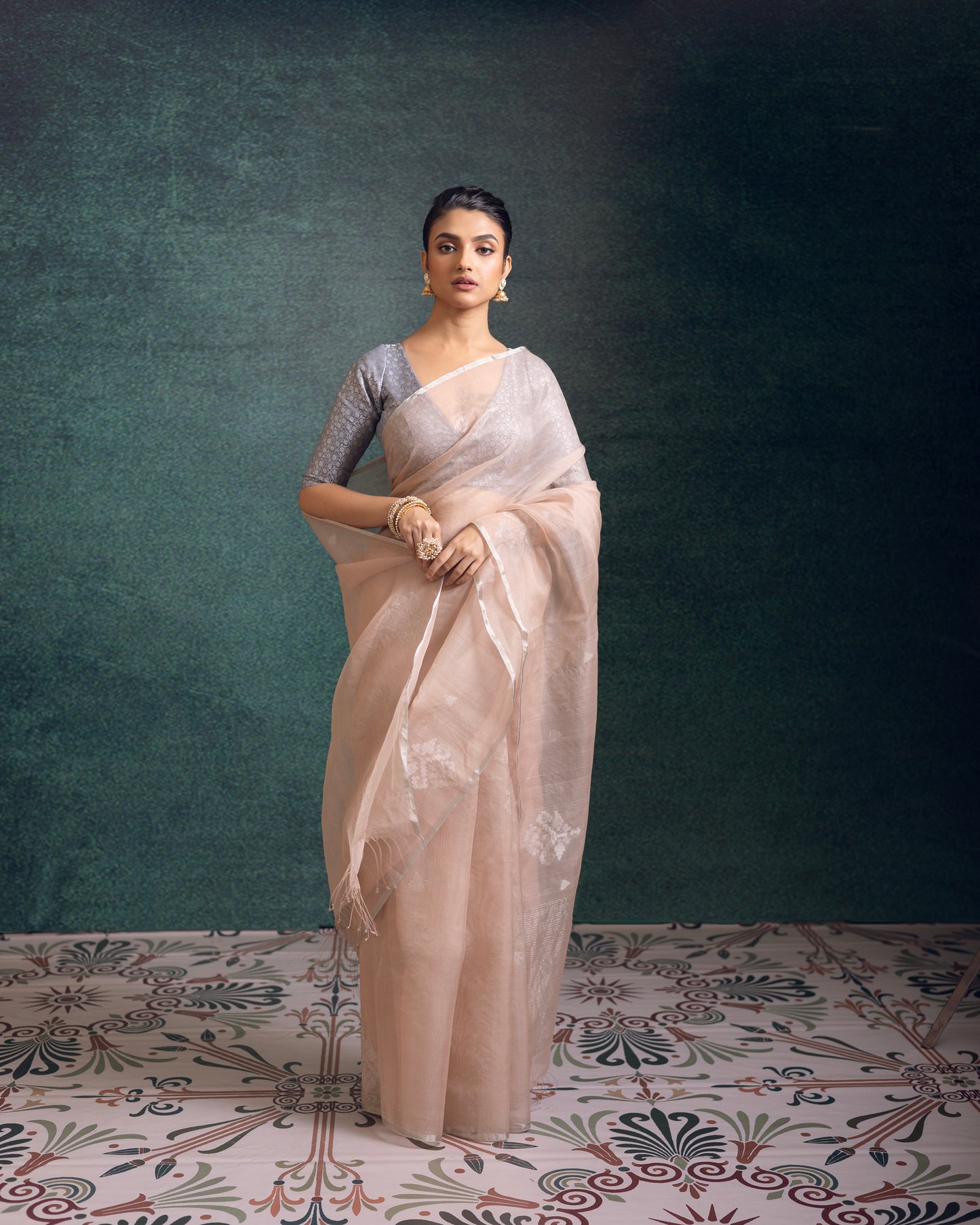Beige Pure Organza Silk Jamdani Handloom Saree