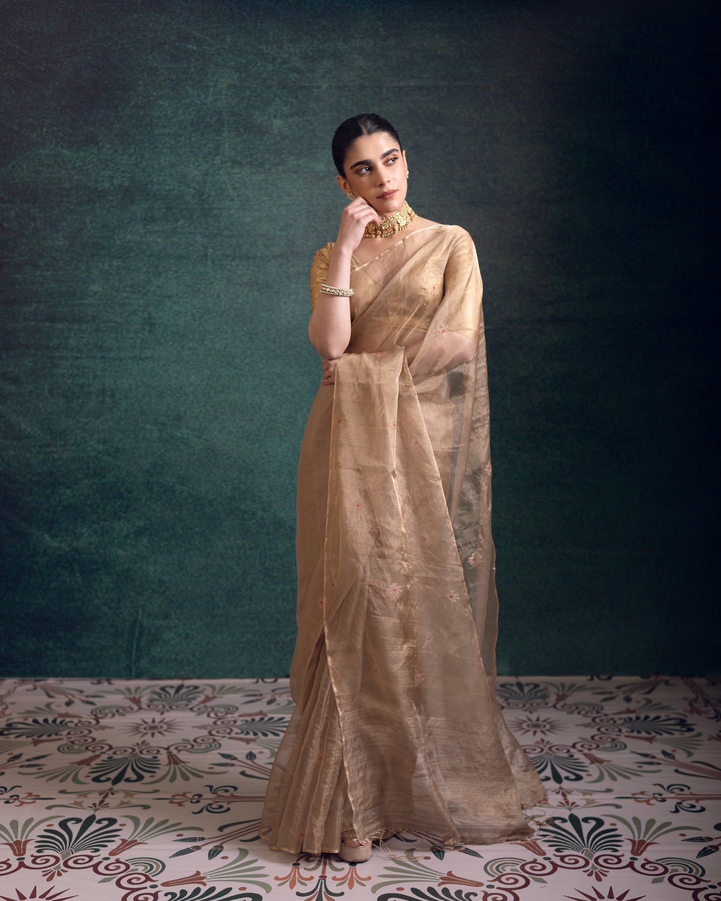 Golden Pure Organza Tissue Silk Jamdani Handloom Saree