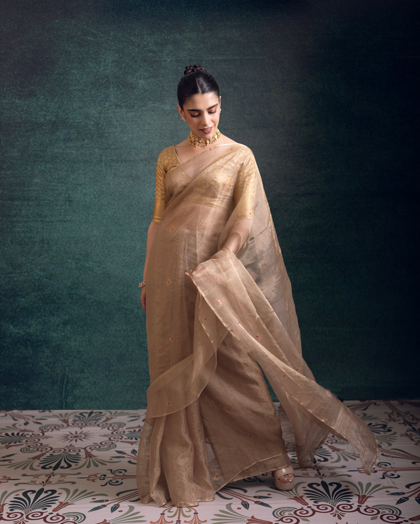 Golden Pure Organza Tissue Silk Jamdani Handloom Saree