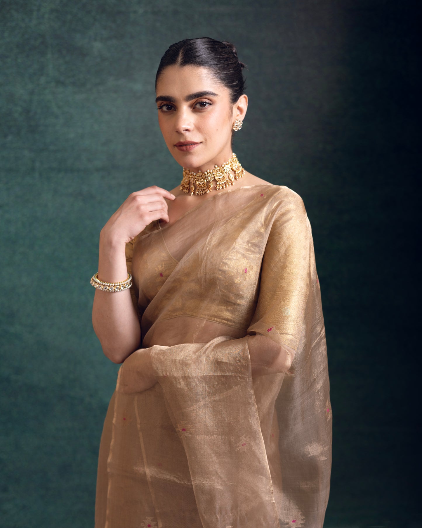 Golden Pure Organza Tissue Silk Jamdani Handloom Saree