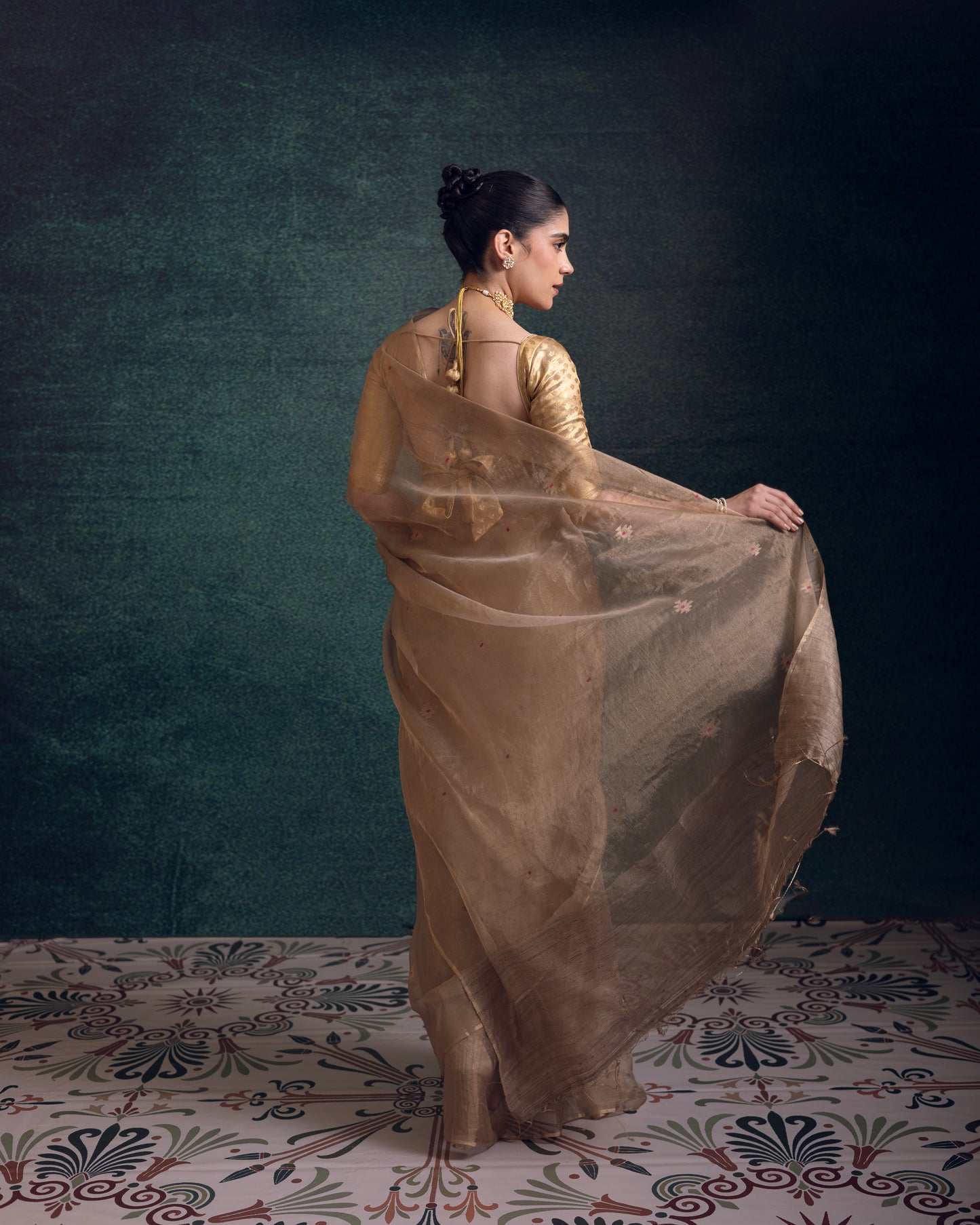 Golden Pure Organza Tissue Silk Jamdani Handloom Saree