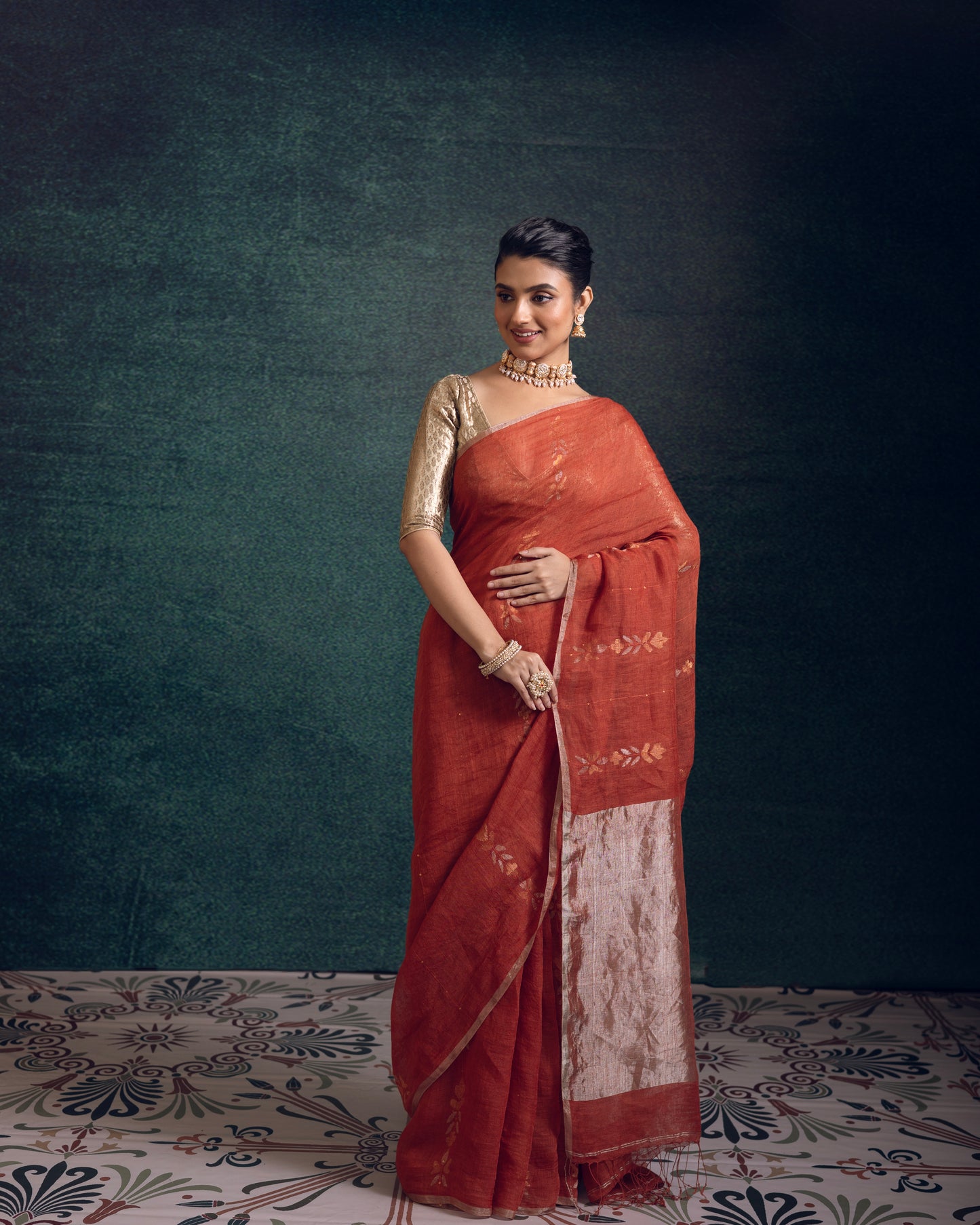 Orange Pure Linen Jamdani Handloom Saree