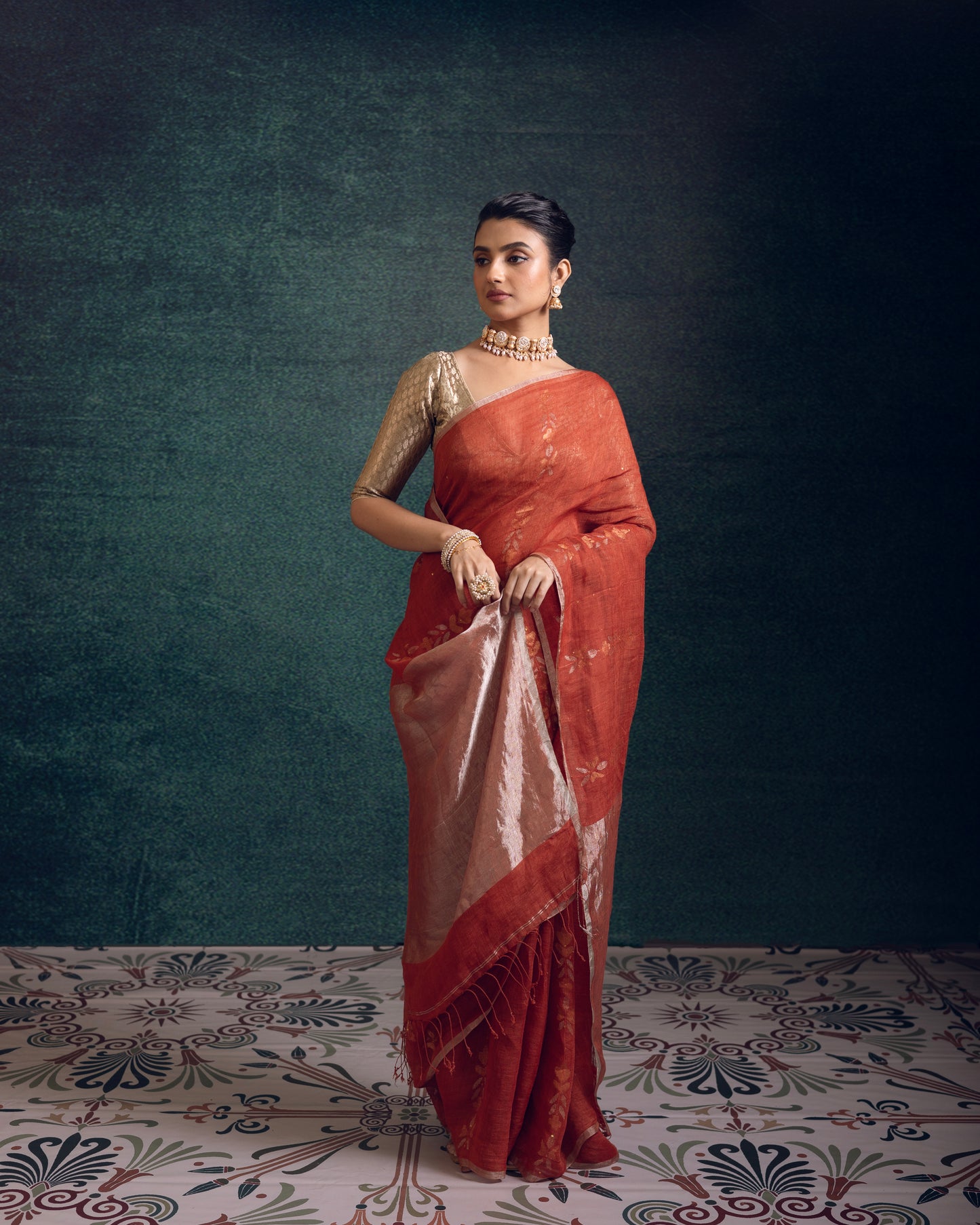 Orange Pure Linen Jamdani Handloom Saree
