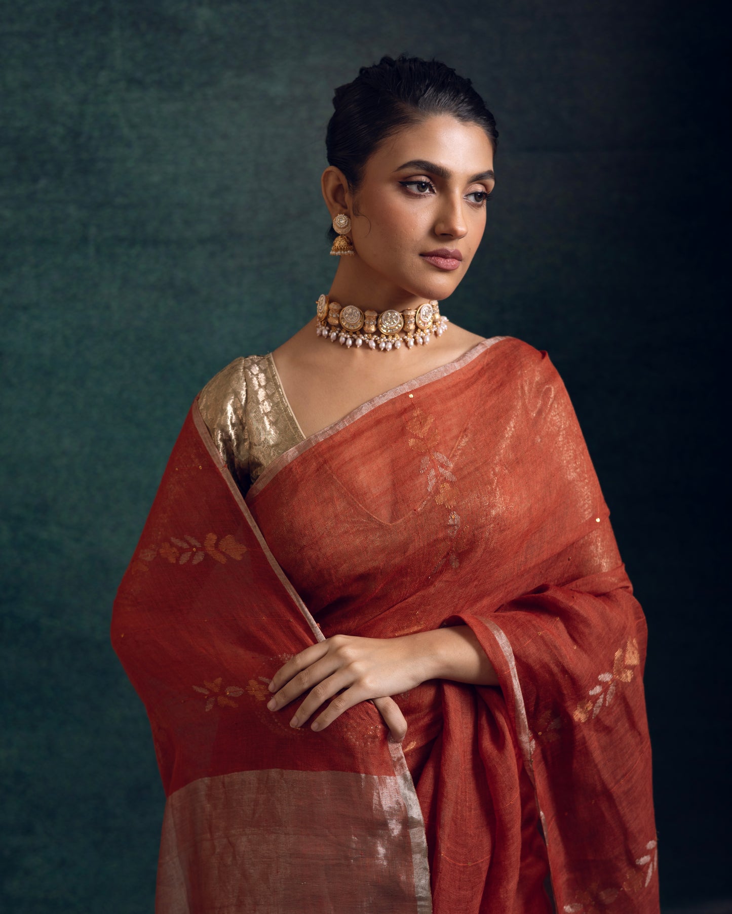 Orange Pure Linen Jamdani Handloom Saree