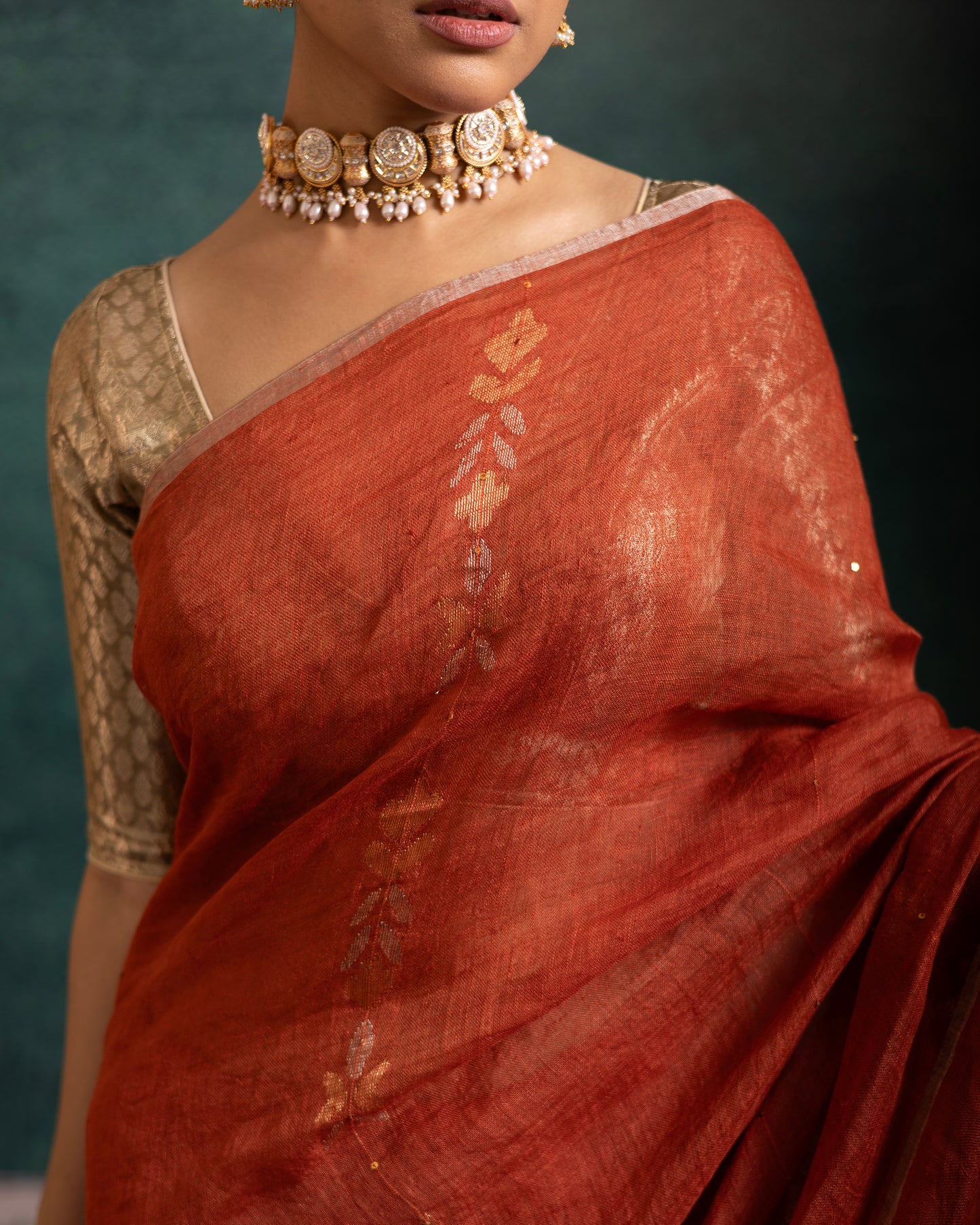 Orange Pure Linen Jamdani Handloom Saree