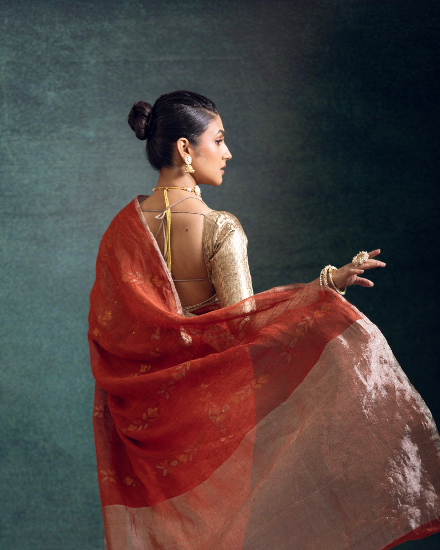 Orange Pure Linen Jamdani Handloom Saree