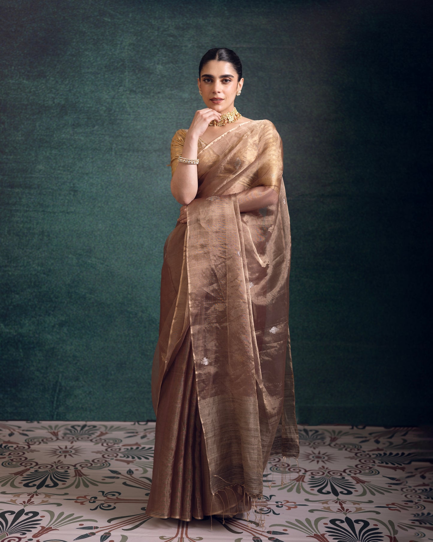 Bronze Pure Organza Tissue Silk Jamdani Handloom Saree