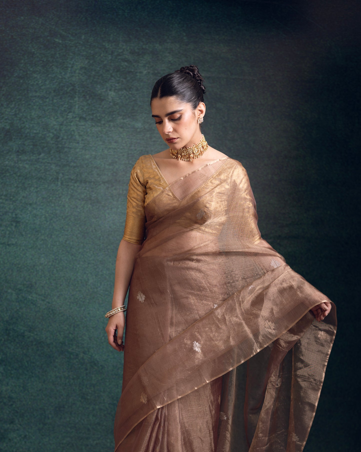 Bronze Pure Organza Tissue Silk Jamdani Handloom Saree