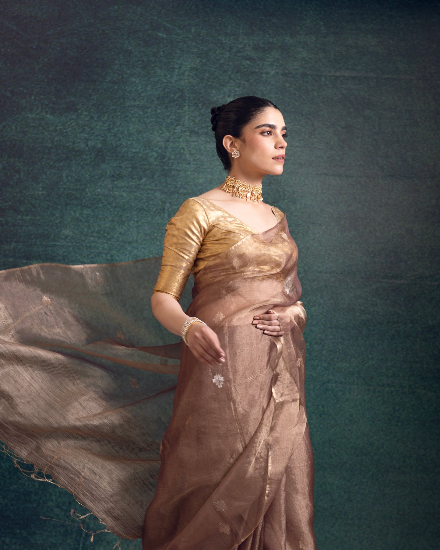 Bronze Pure Organza Tissue Silk Jamdani Handloom Saree
