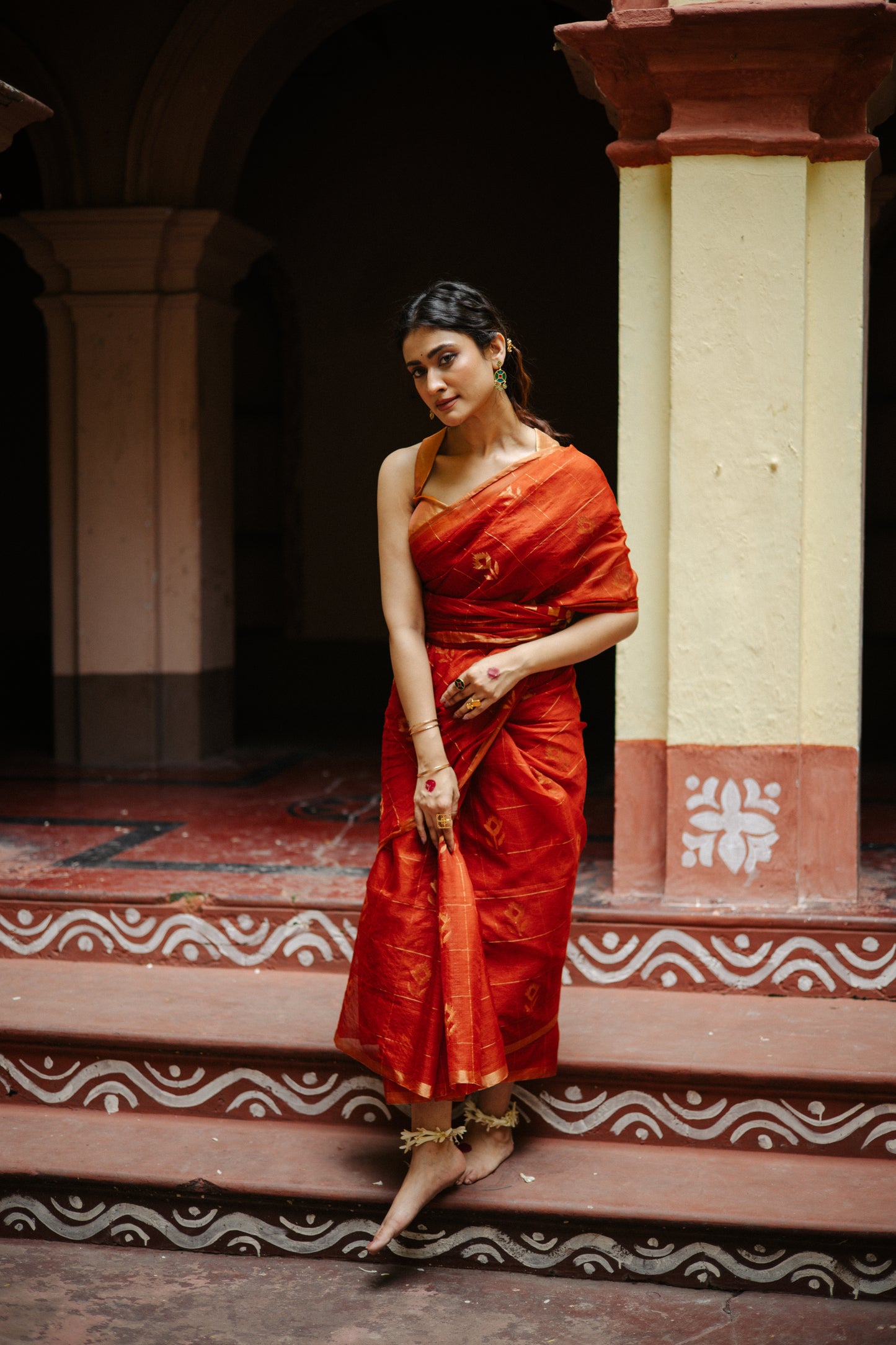 Orange Pure Organza Silk Jamdani Handloom Saree