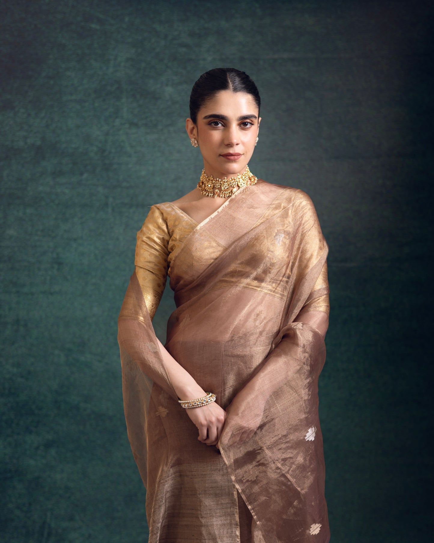 Bronze Pure Organza Tissue Silk Jamdani Handloom Saree