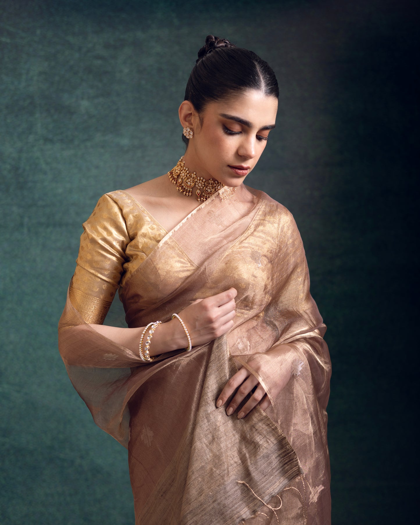 Bronze Pure Organza Tissue Silk Jamdani Handloom Saree
