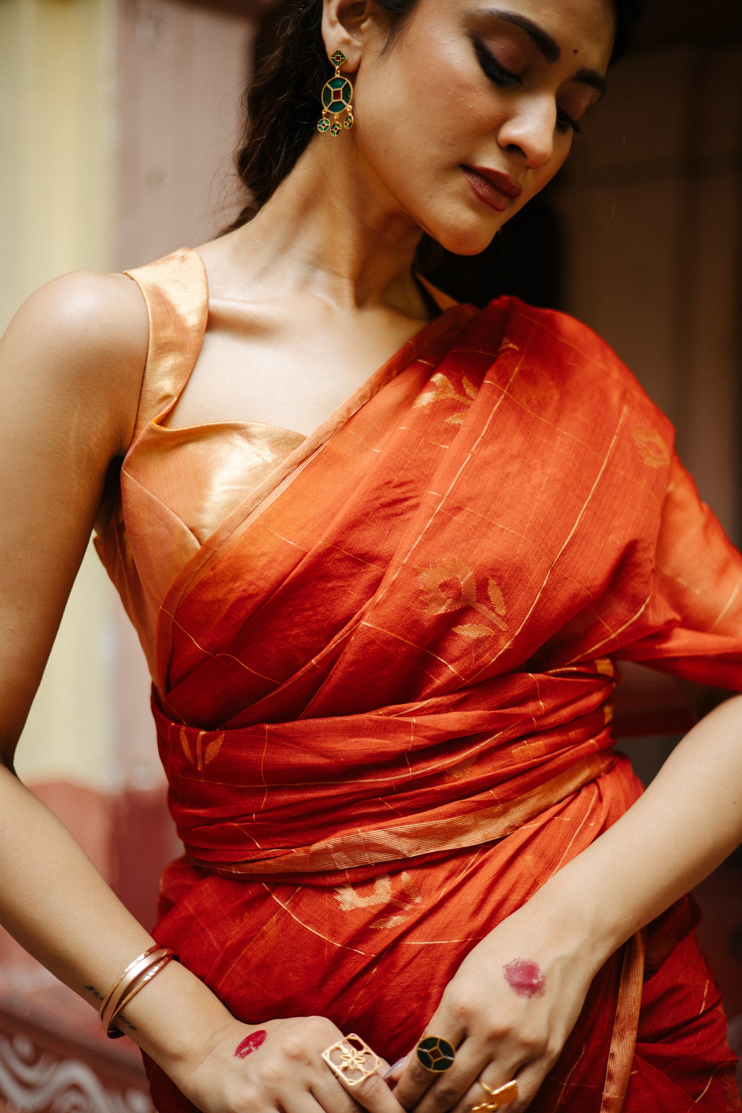 Orange Pure Organza Silk Jamdani Handloom Saree