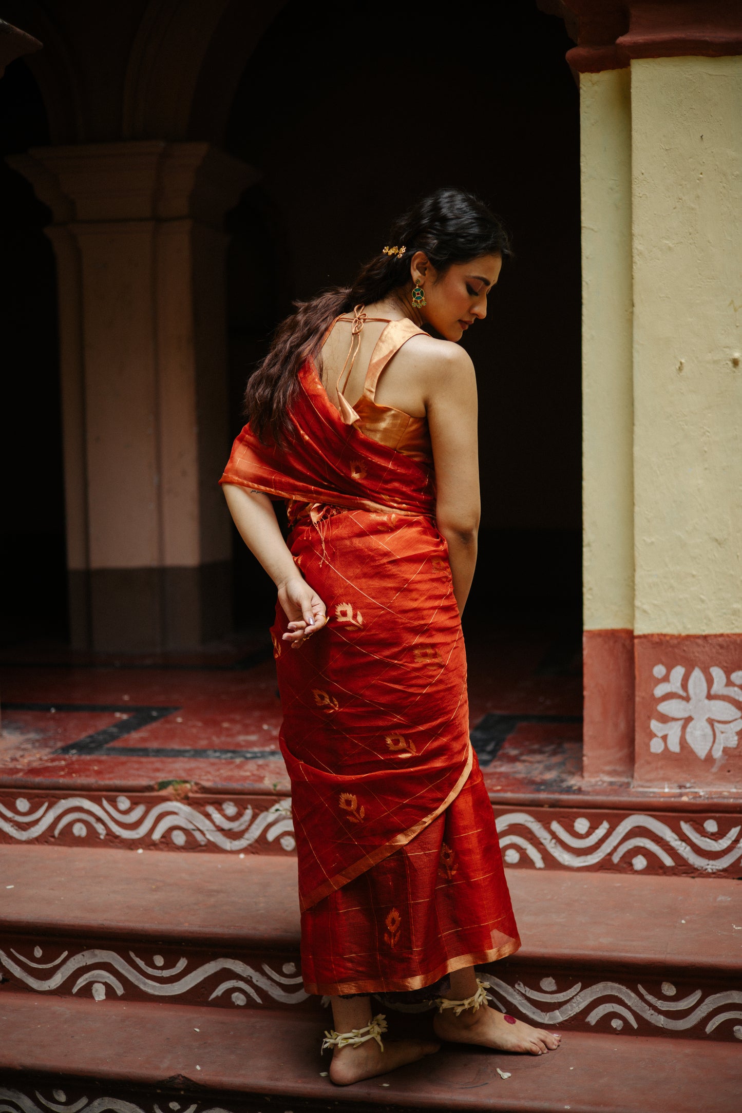 Orange Pure Organza Silk Jamdani Handloom Saree